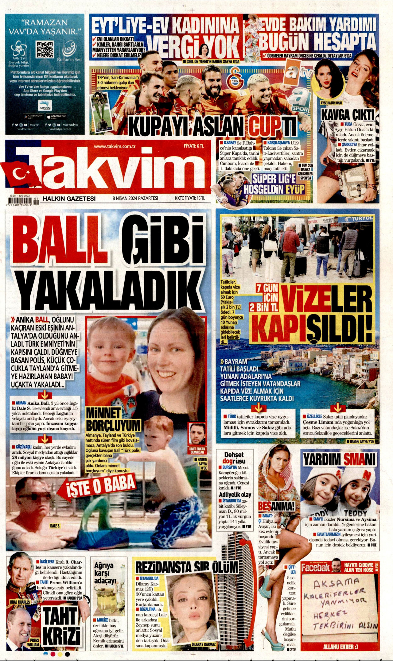 TAKVİM gazetesinin 8 Nisan 2024 tarihli birinci sayfası