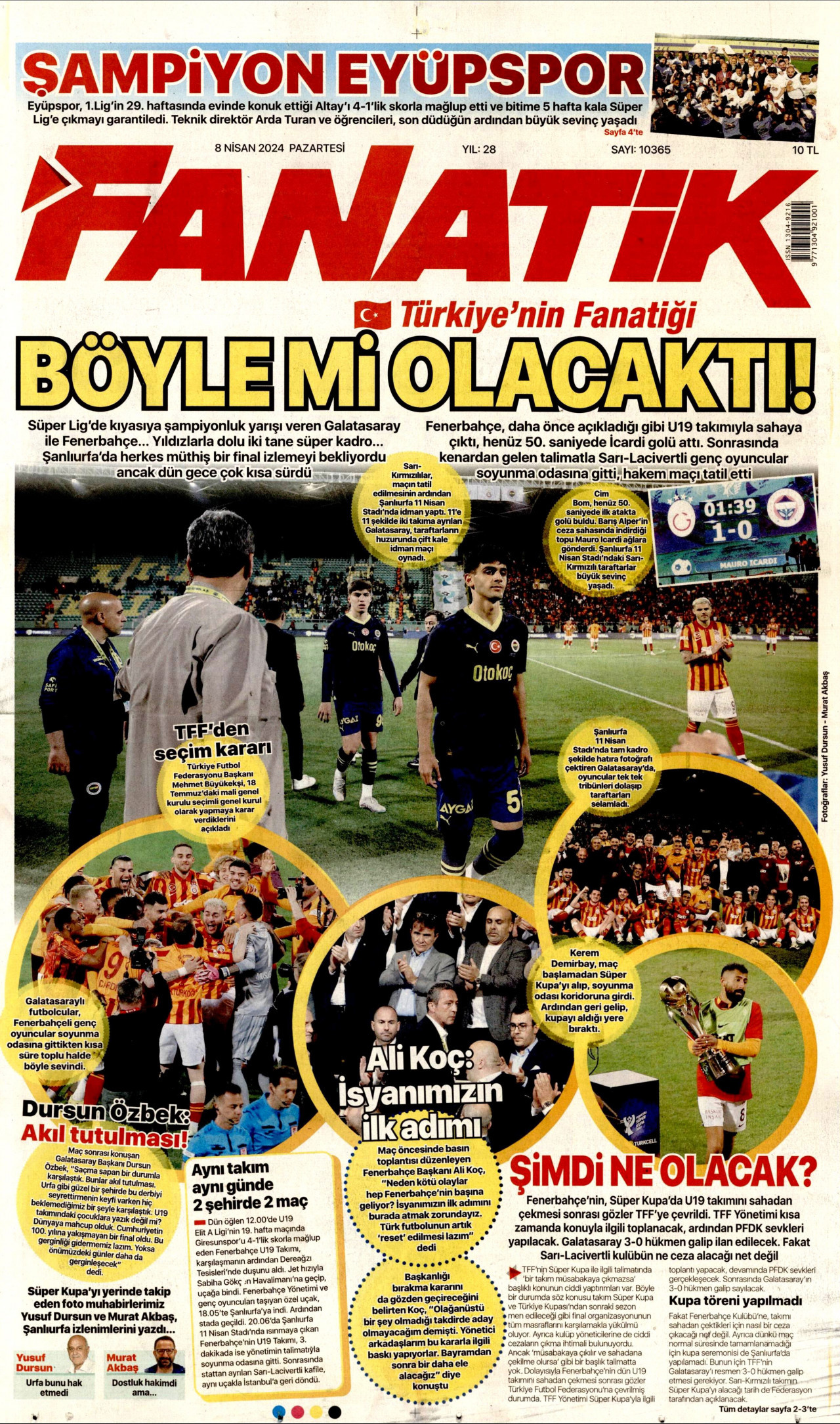FANATİK gazetesinin 8 Nisan 2024 tarihli birinci sayfası
