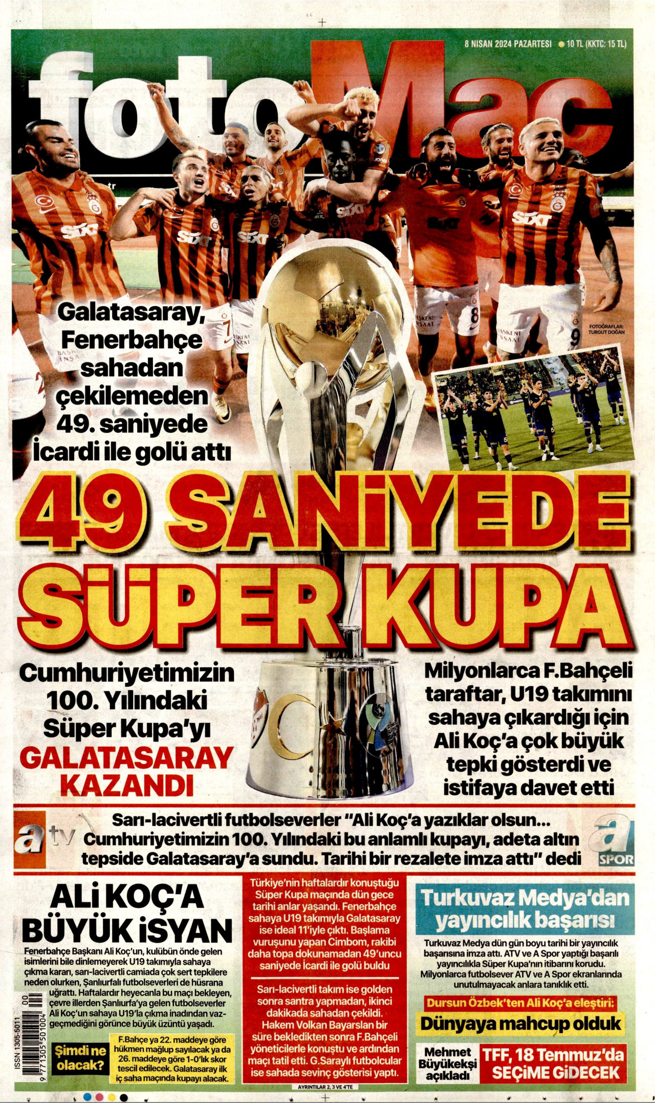 FOTOMAÇ gazetesinin 8 Nisan 2024 tarihli birinci sayfası