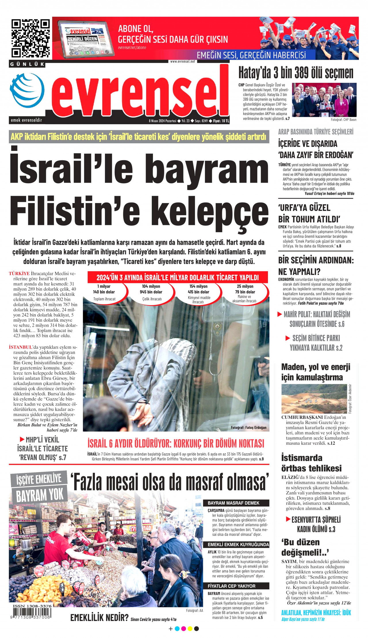 EVRENSEL gazetesinin 8 Nisan 2024 tarihli birinci sayfası
