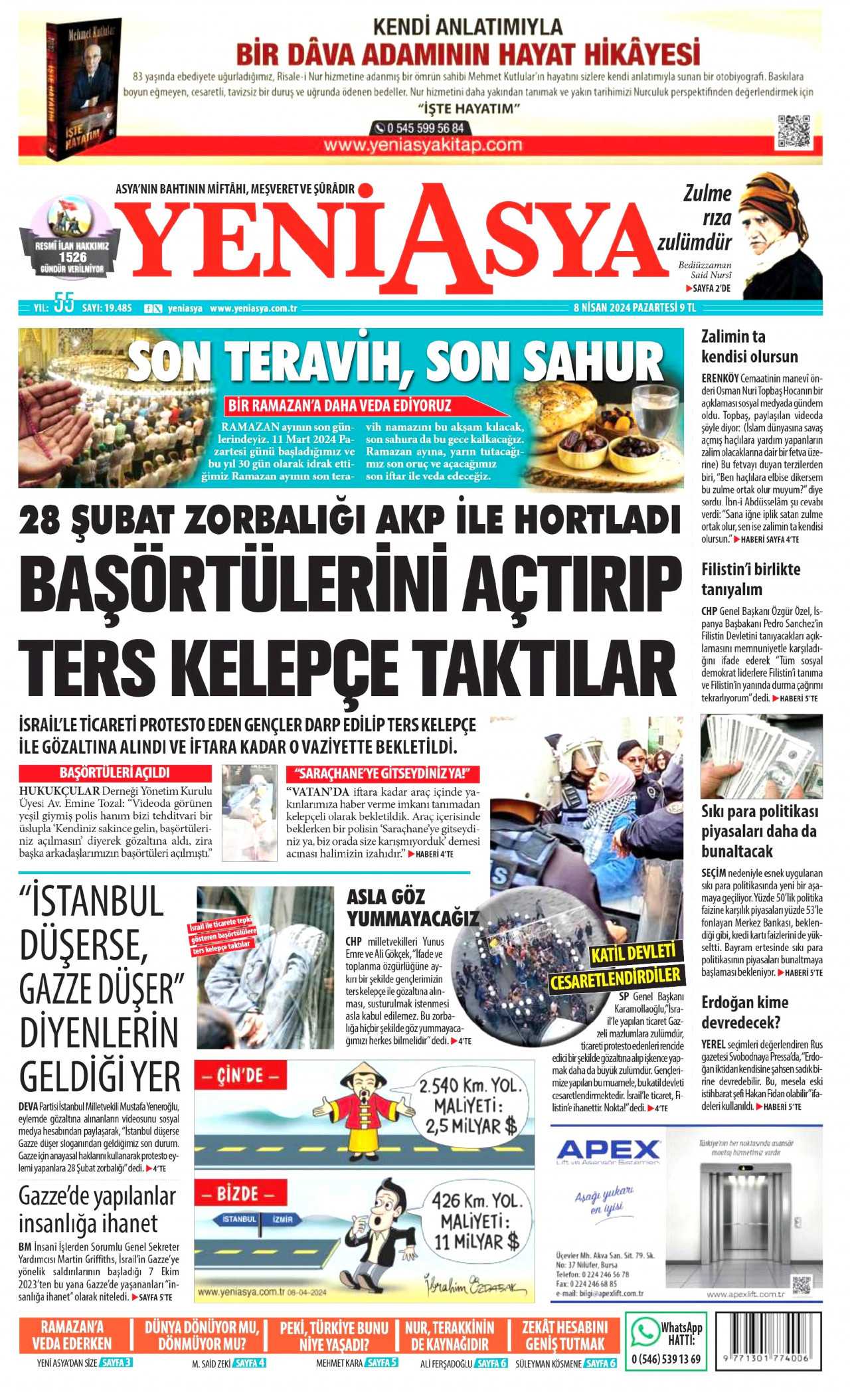 YENİ ASYA gazetesinin 8 Nisan 2024 tarihli birinci sayfası