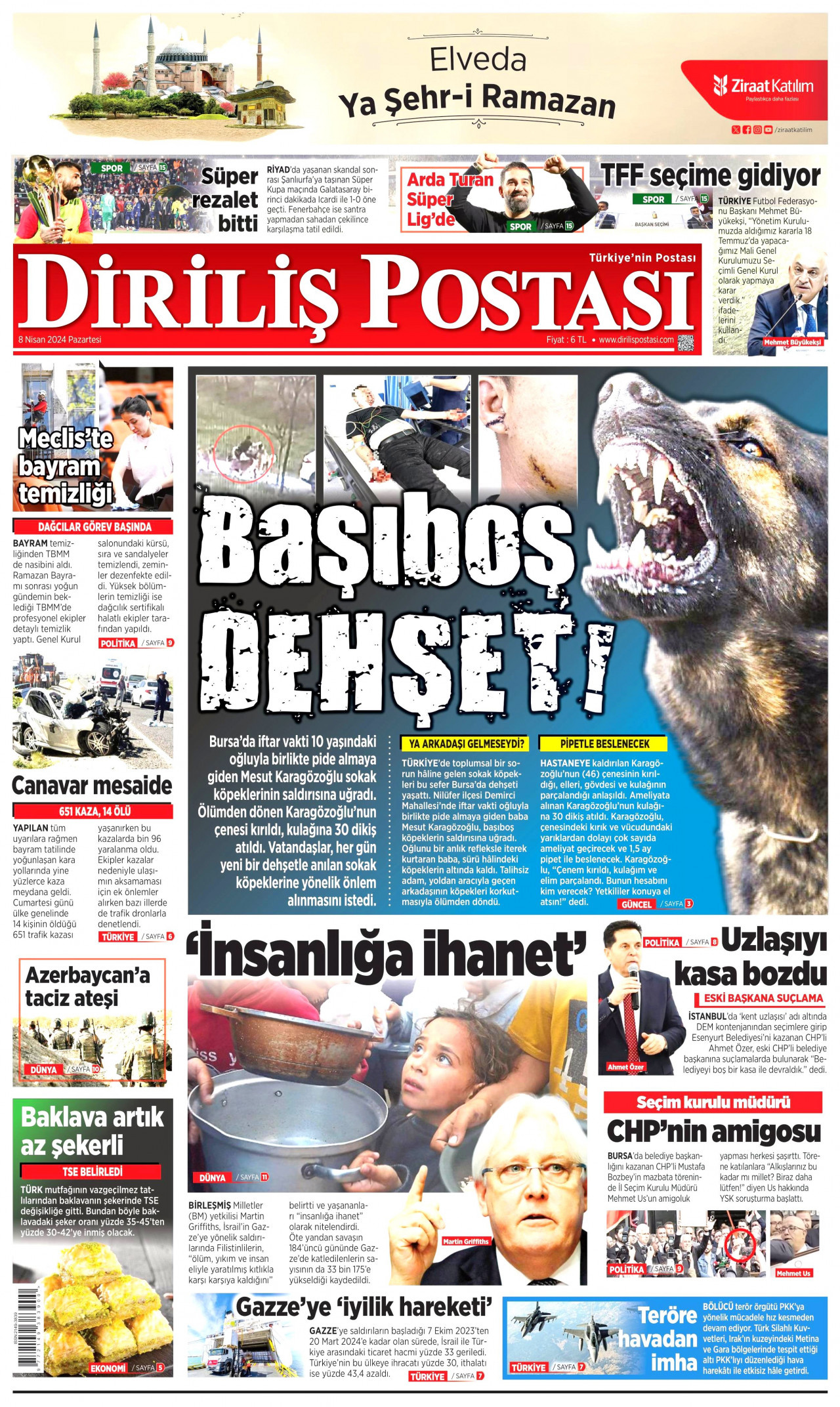DİRİLİŞ POSTASI gazetesinin 8 Nisan 2024 tarihli birinci sayfası