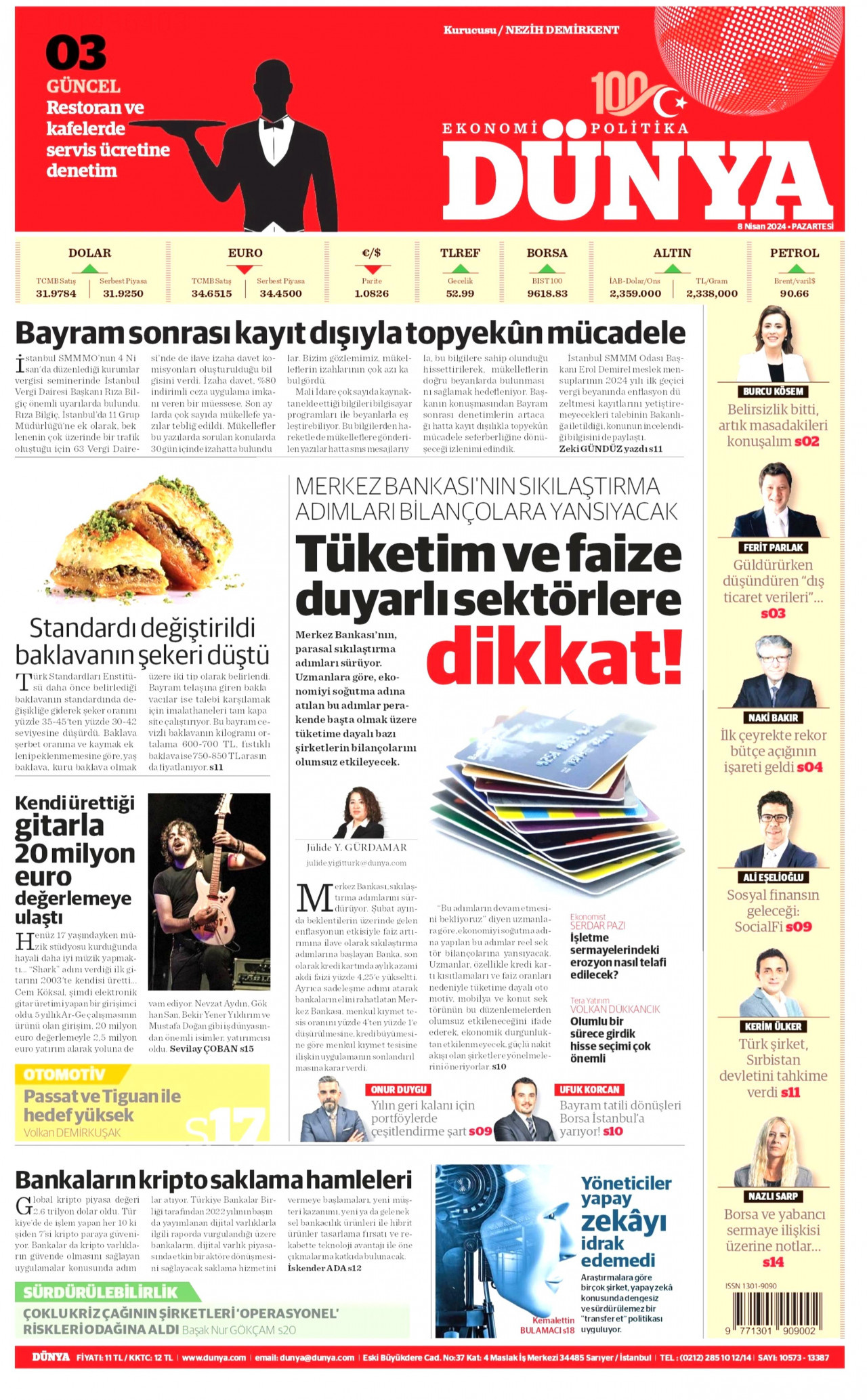 DÜNYA gazetesinin 8 Nisan 2024 tarihli birinci sayfası
