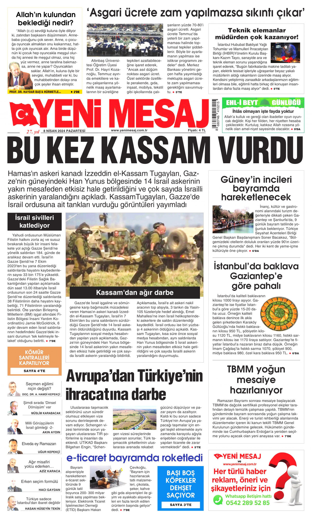 YENİ MESAJ gazetesinin 8 Nisan 2024 tarihli birinci sayfası
