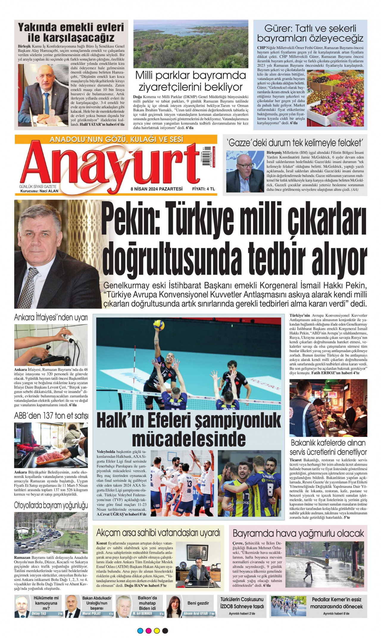ANAYURT gazetesinin 8 Nisan 2024 tarihli birinci sayfası