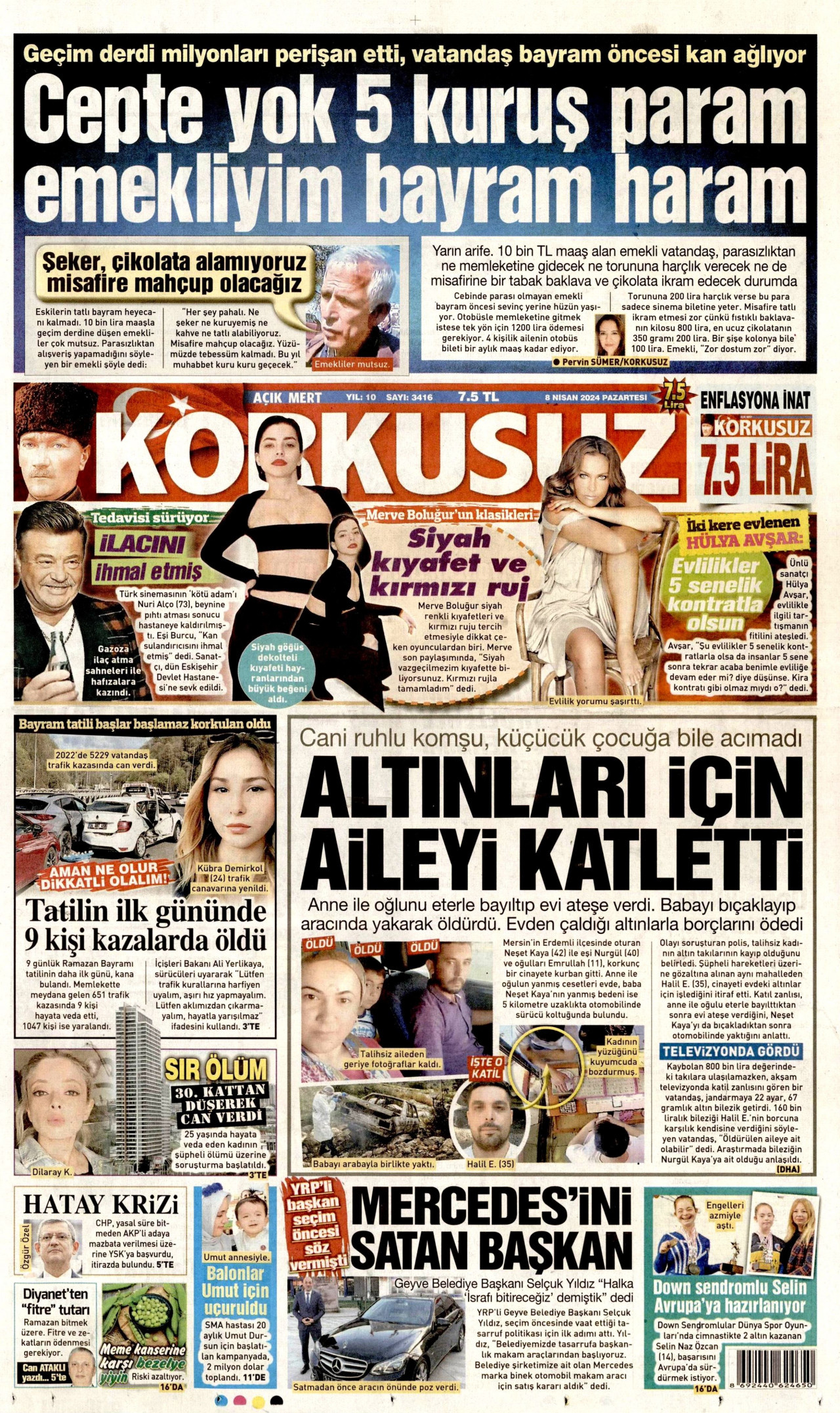 KORKUSUZ gazetesinin 8 Nisan 2024 tarihli birinci sayfası