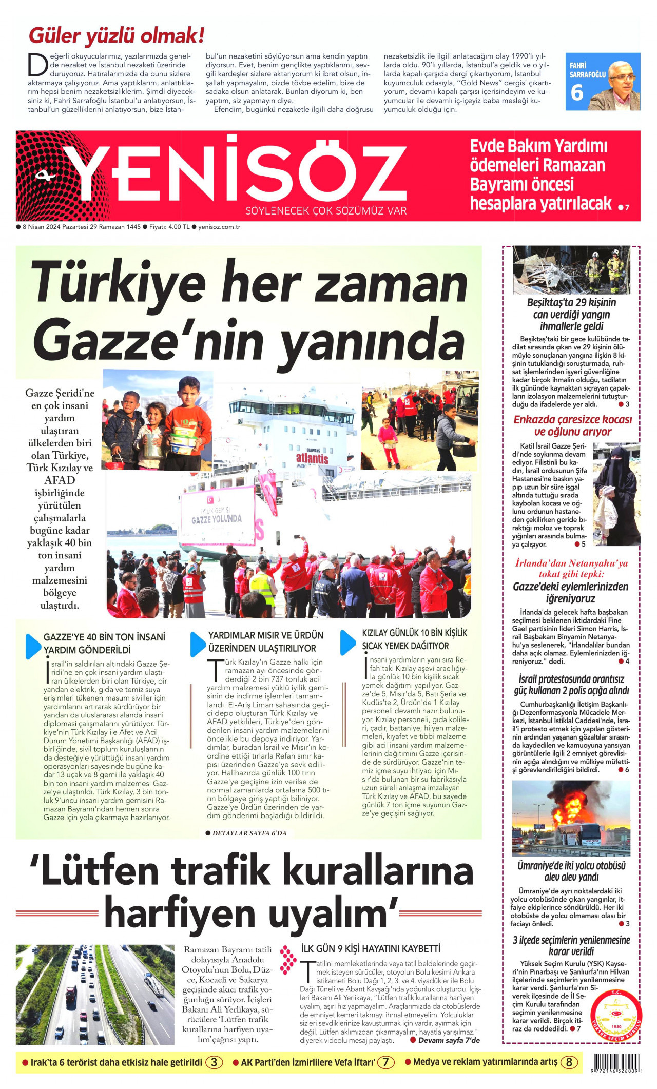 YENİ SÖZ GAZETESİ gazetesinin 8 Nisan 2024 tarihli birinci sayfası
