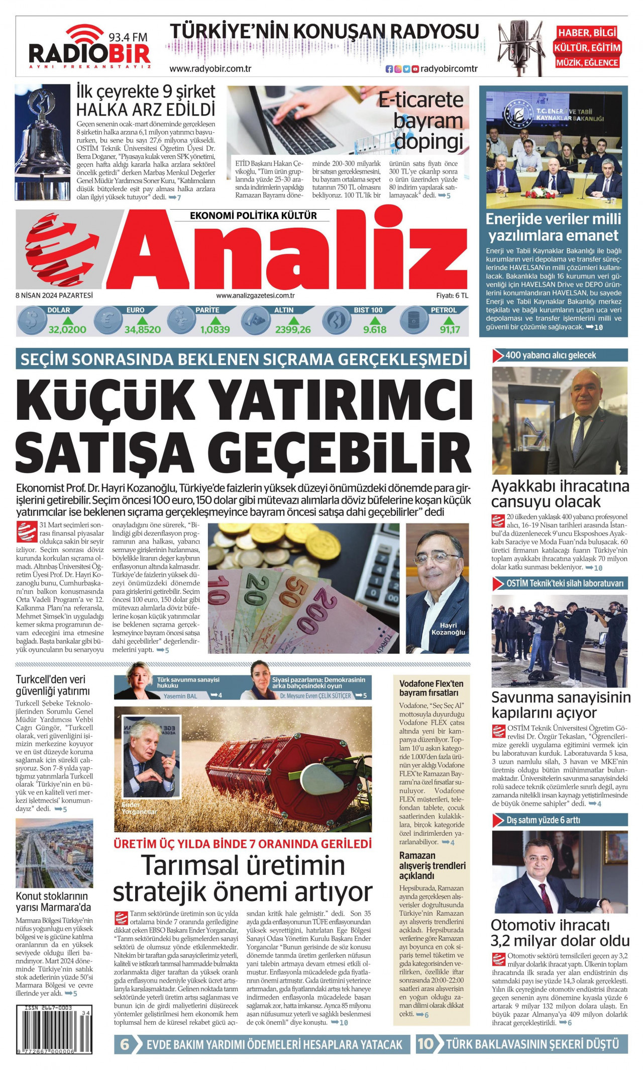 ANALİZ gazetesinin 8 Nisan 2024 tarihli birinci sayfası