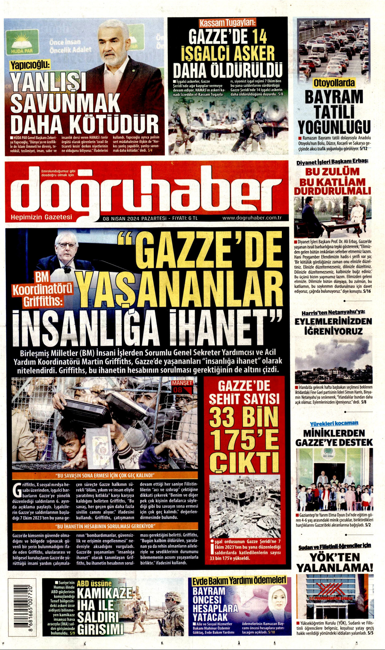 DOĞRU HABER gazetesinin 8 Nisan 2024 tarihli birinci sayfası