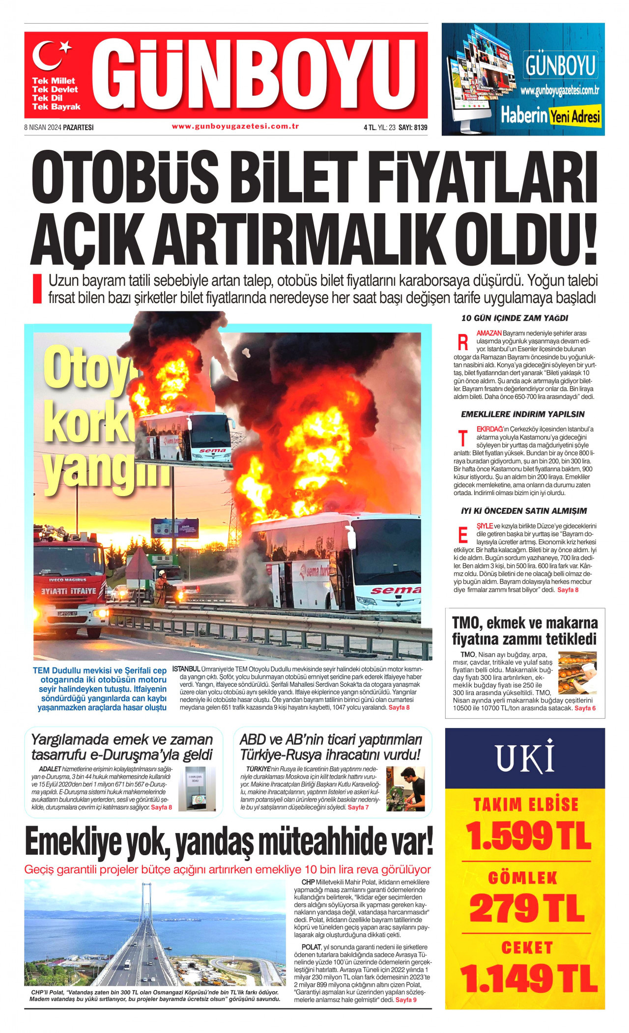 GÜNBOYU gazetesinin 8 Nisan 2024 tarihli birinci sayfası