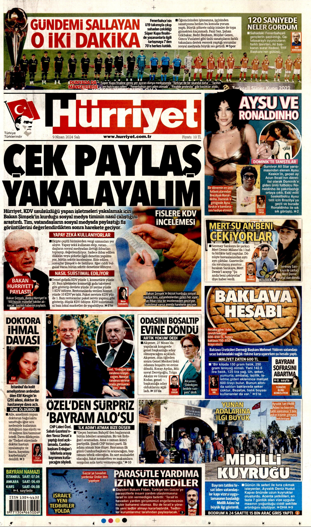 HÜRRİYET gazetesinin 9 Nisan 2024 tarihli birinci sayfası