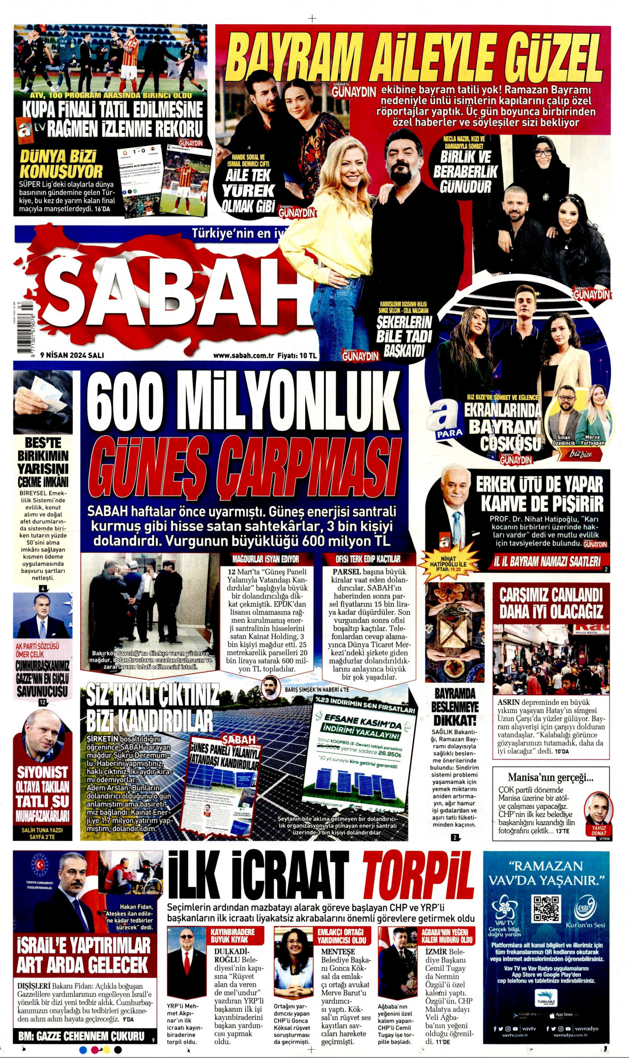 SABAH gazetesinin 9 Nisan 2024 tarihli birinci sayfası