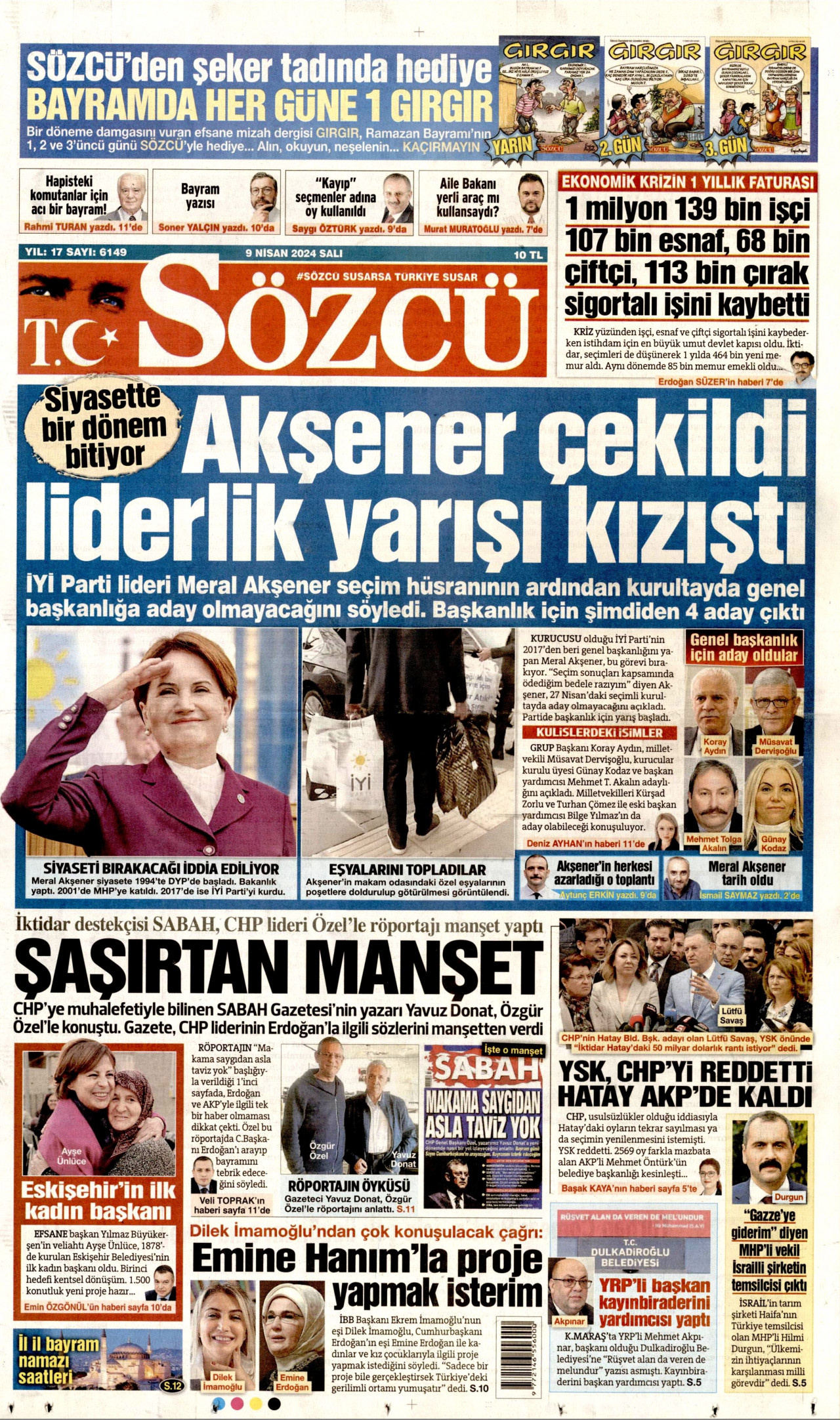 SÖZCÜ gazetesinin 9 Nisan 2024 tarihli birinci sayfası