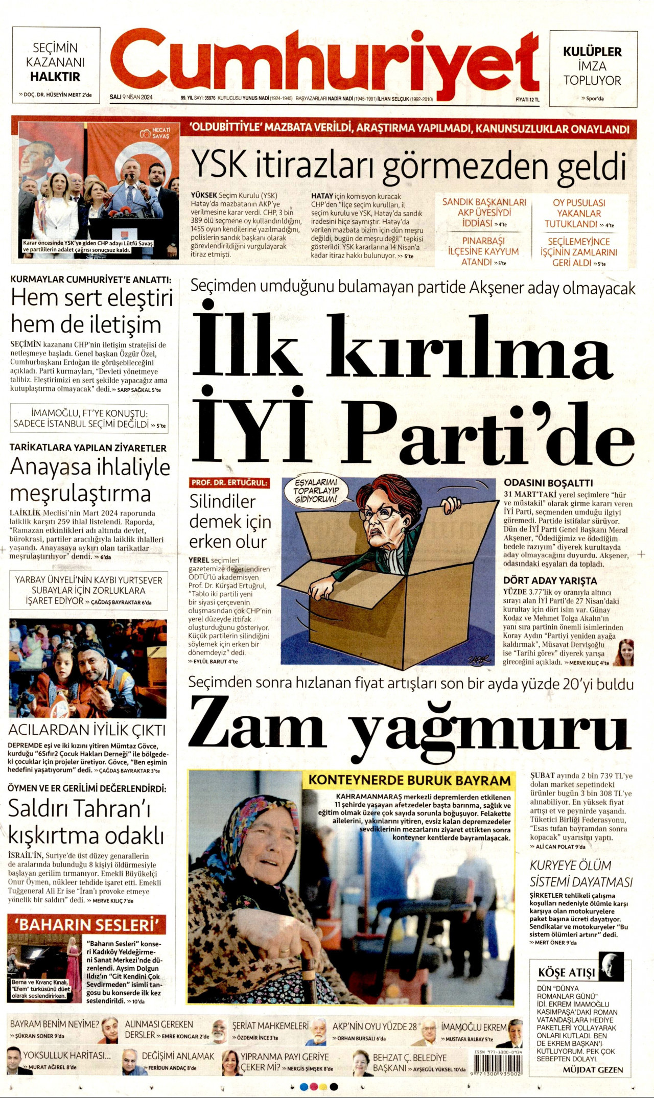 CUMHURİYET gazetesinin 9 Nisan 2024 tarihli birinci sayfası