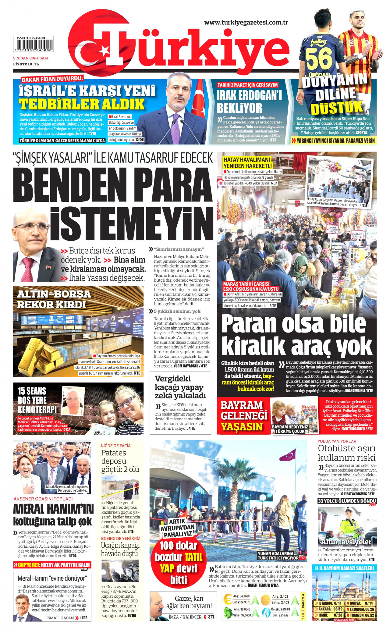 TÜRKİYE GAZETESİ gazetesinin 9 Nisan 2024 tarihli birinci sayfası