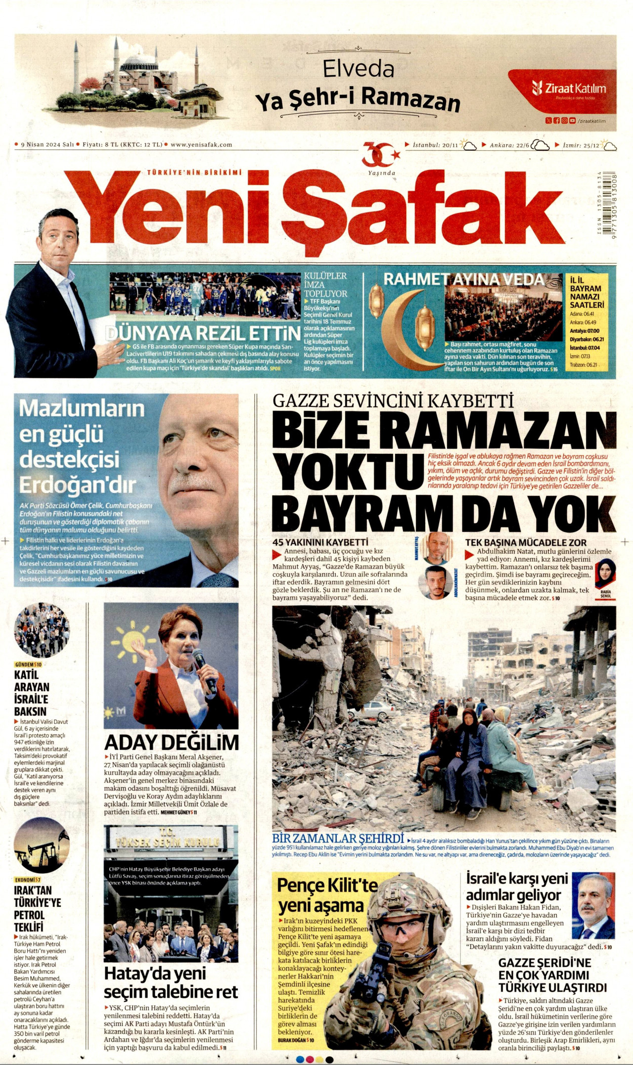 YENİ ŞAFAK gazetesinin 9 Nisan 2024 tarihli birinci sayfası
