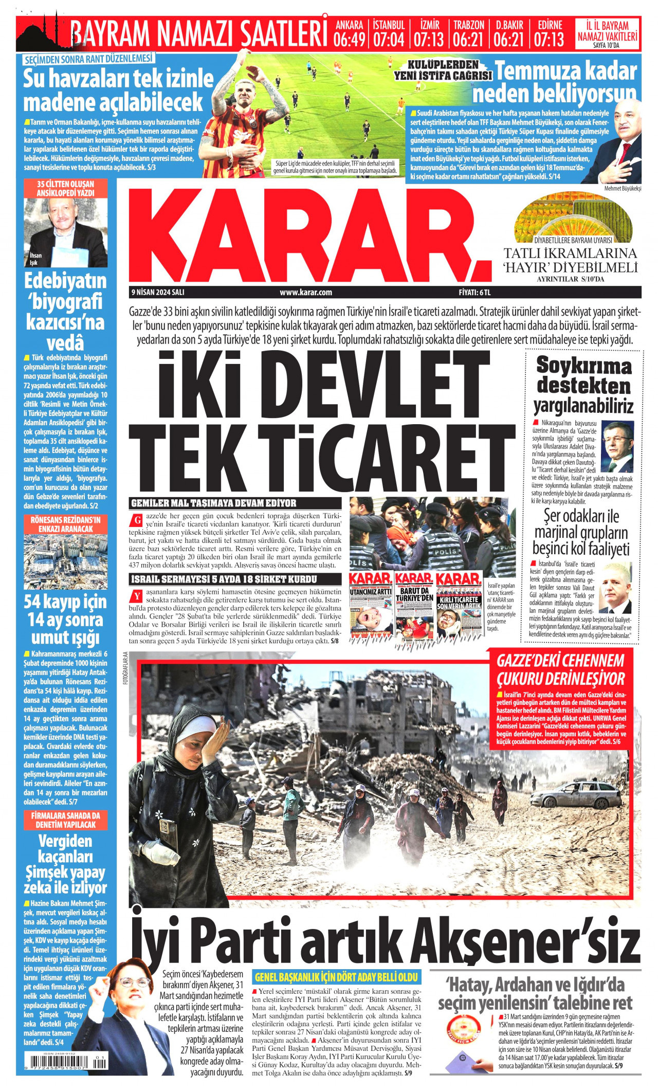 KARAR gazetesinin 9 Nisan 2024 tarihli birinci sayfası