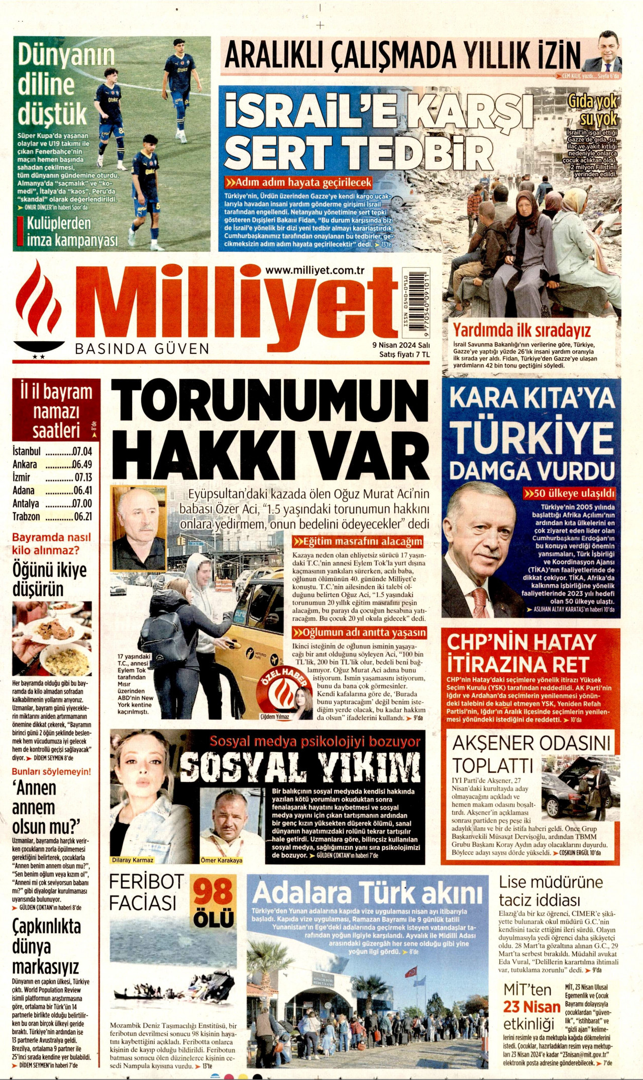 MİLLİYET gazetesinin 9 Nisan 2024 tarihli birinci sayfası