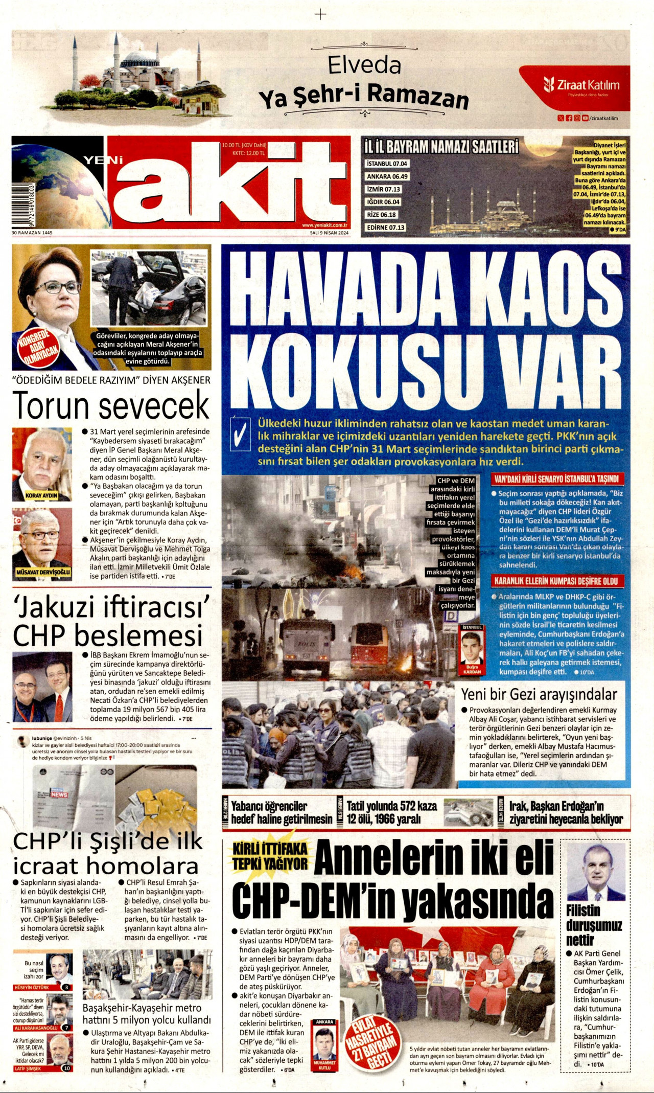 YENİ AKİT gazetesinin 9 Nisan 2024 tarihli birinci sayfası