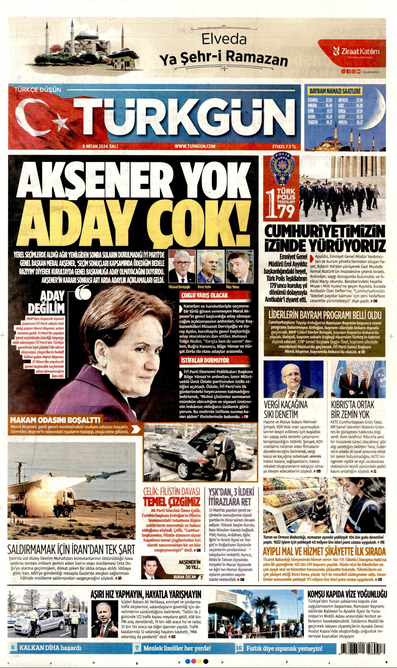 TÜRKGÜN gazetesinin 9 Nisan 2024 tarihli birinci sayfası