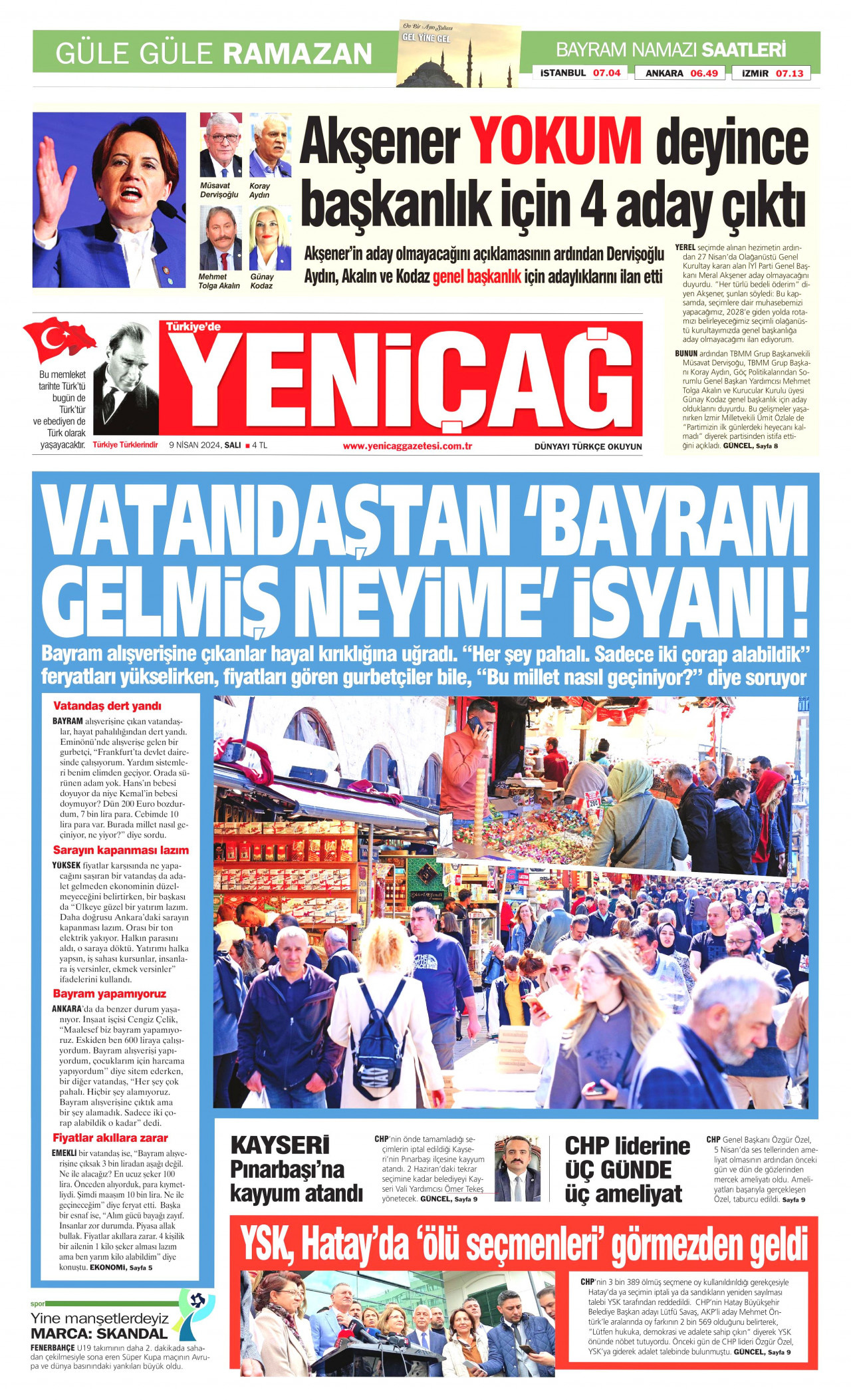 YENİÇAĞ gazetesinin 9 Nisan 2024 tarihli birinci sayfası