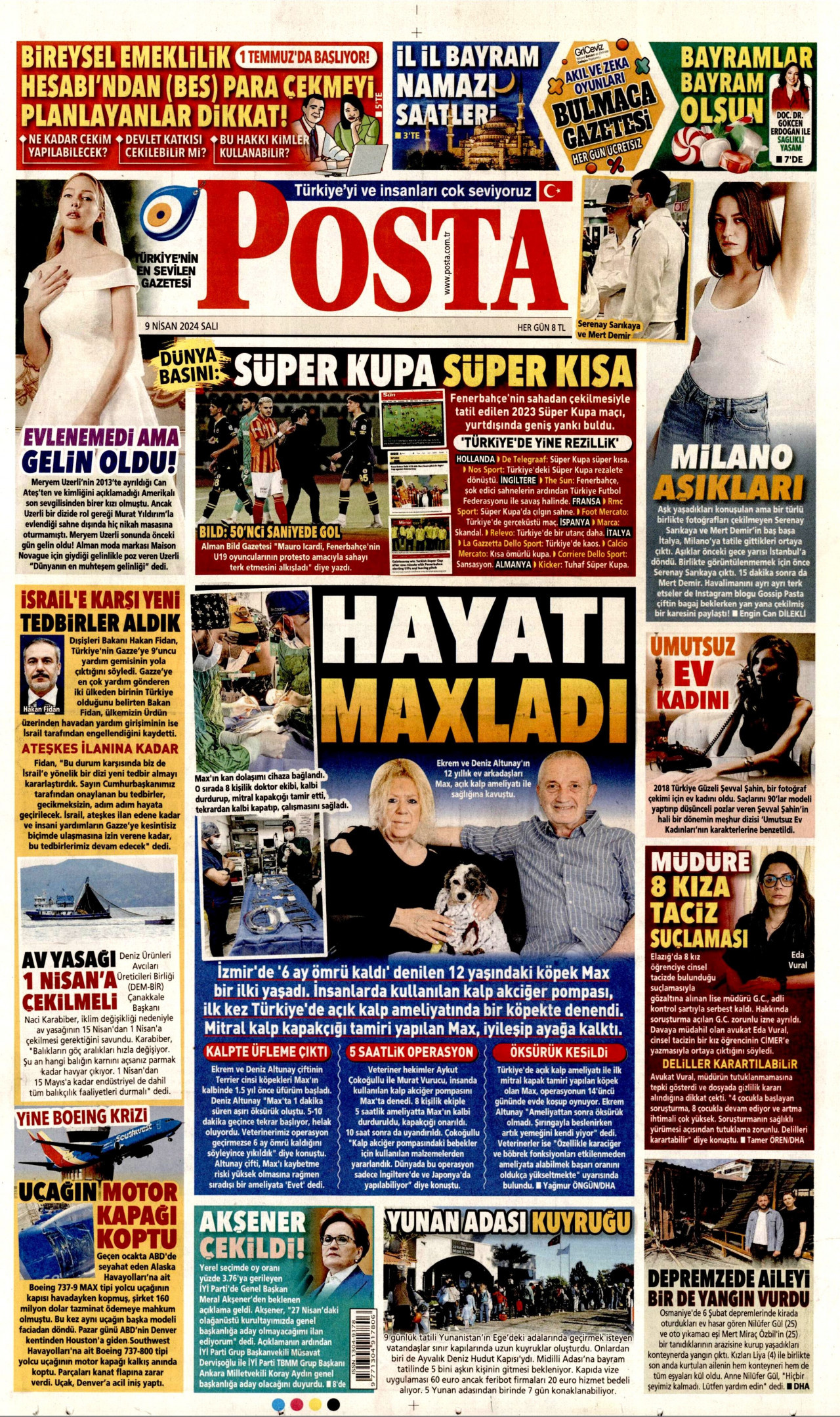 POSTA gazetesinin 9 Nisan 2024 tarihli birinci sayfası