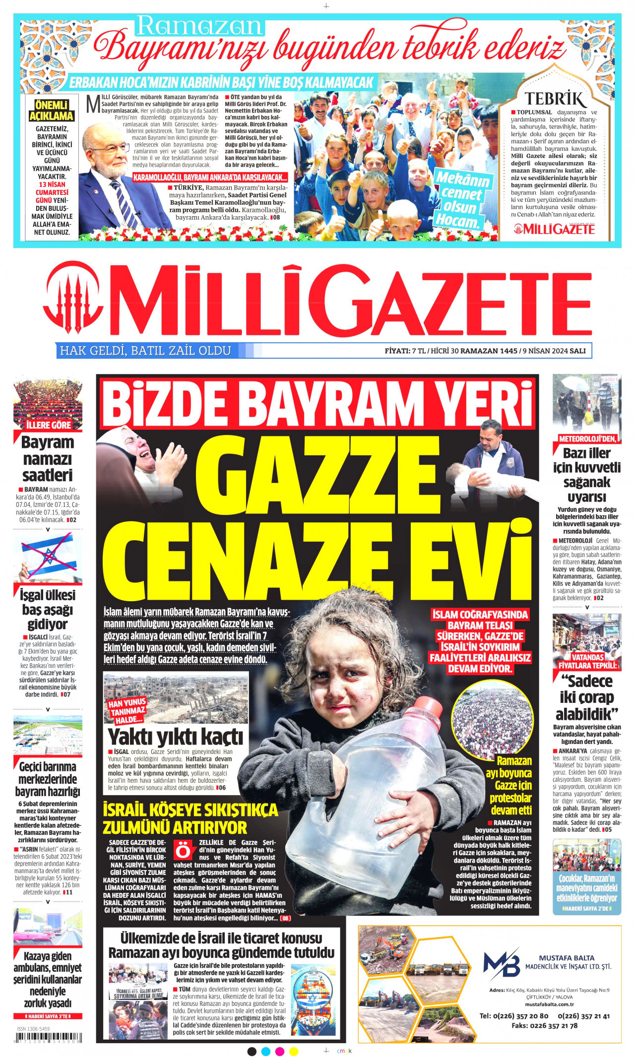 MİLLİ GAZETE gazetesinin 9 Nisan 2024 tarihli birinci sayfası