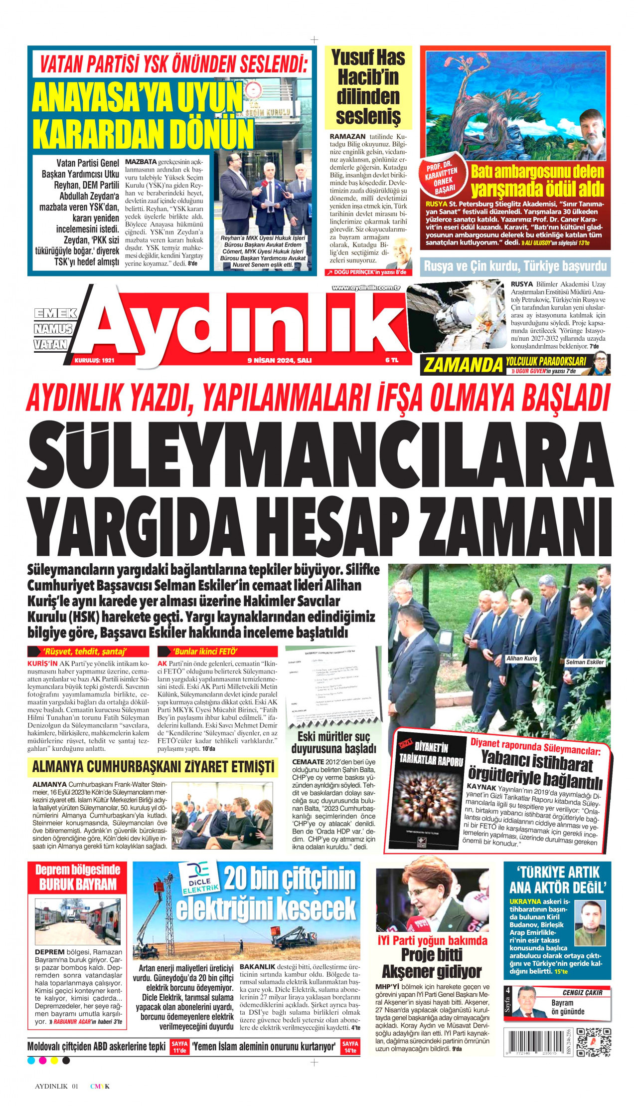 AYDINLIK GAZETESİ gazetesinin 9 Nisan 2024 tarihli birinci sayfası