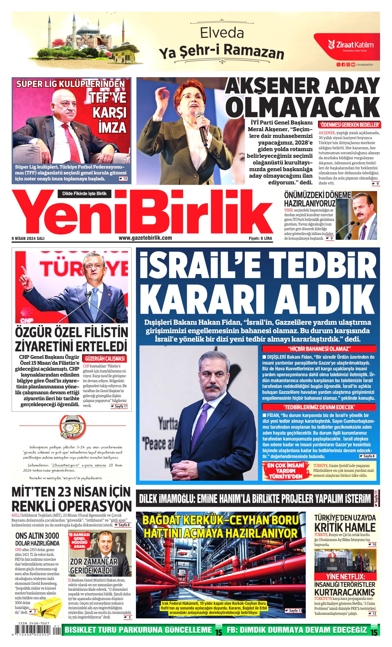 YENİBİRLİK gazetesinin 9 Nisan 2024 tarihli birinci sayfası
