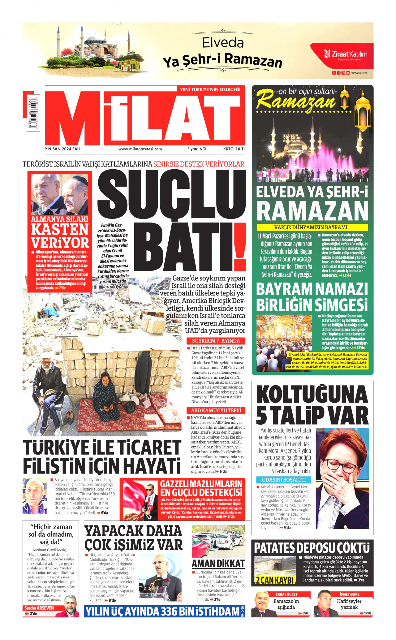 MİLAT gazetesinin 9 Nisan 2024 tarihli birinci sayfası