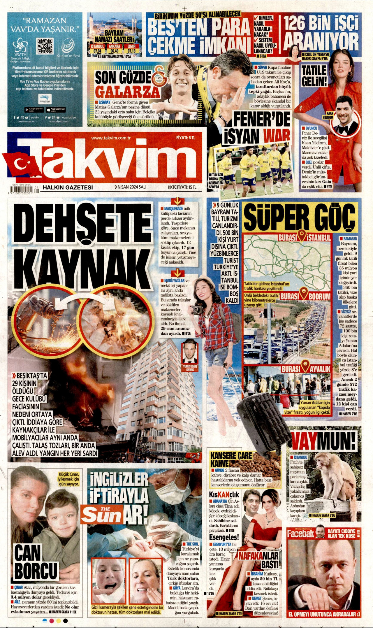 TAKVİM gazetesinin 9 Nisan 2024 tarihli birinci sayfası