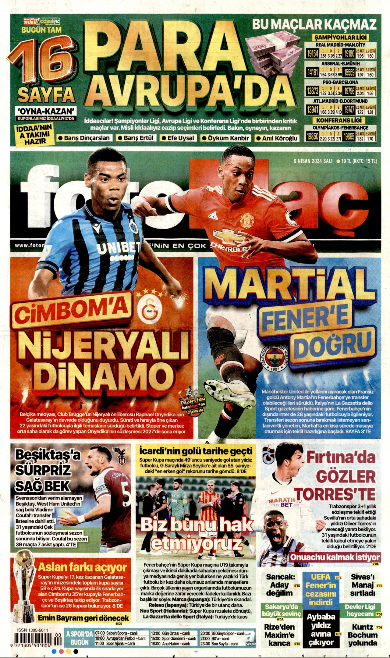 FOTOMAÇ gazetesinin 9 Nisan 2024 tarihli birinci sayfası