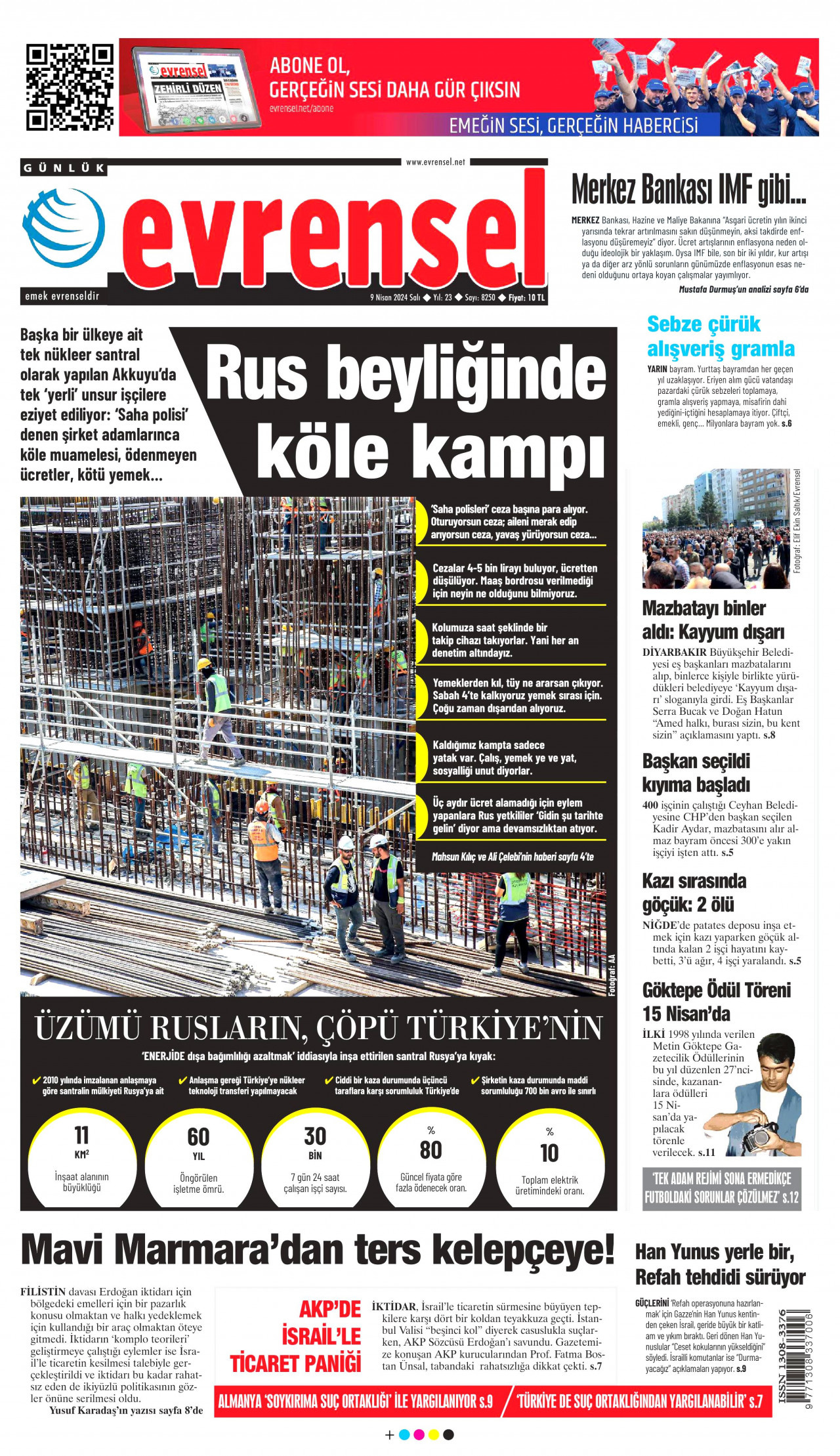 EVRENSEL gazetesinin 9 Nisan 2024 tarihli birinci sayfası