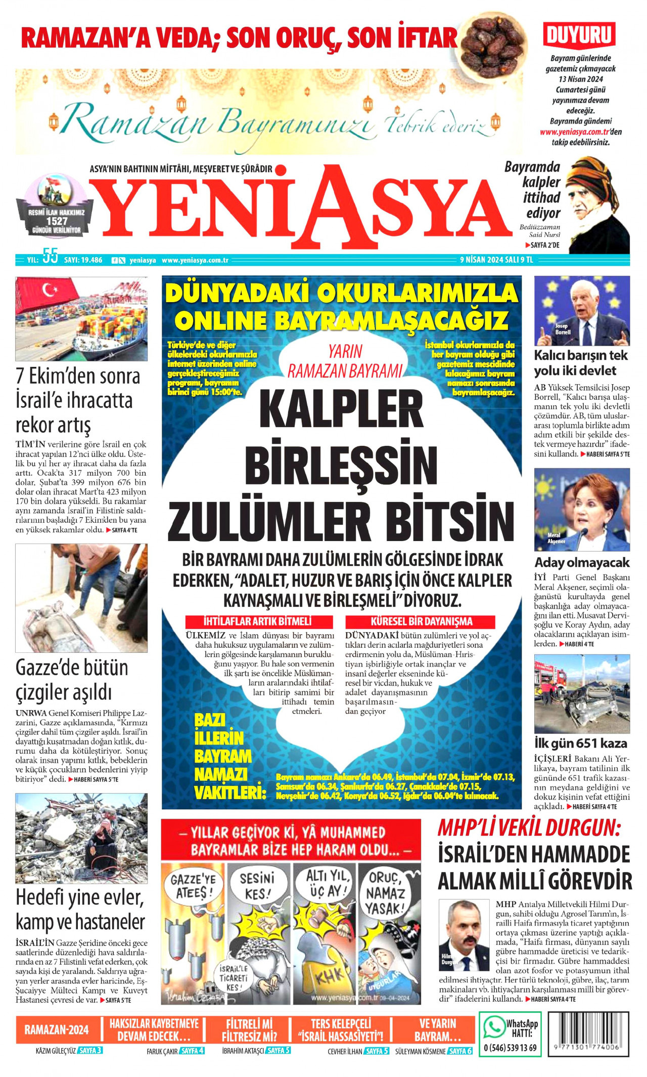YENİ ASYA gazetesinin 9 Nisan 2024 tarihli birinci sayfası
