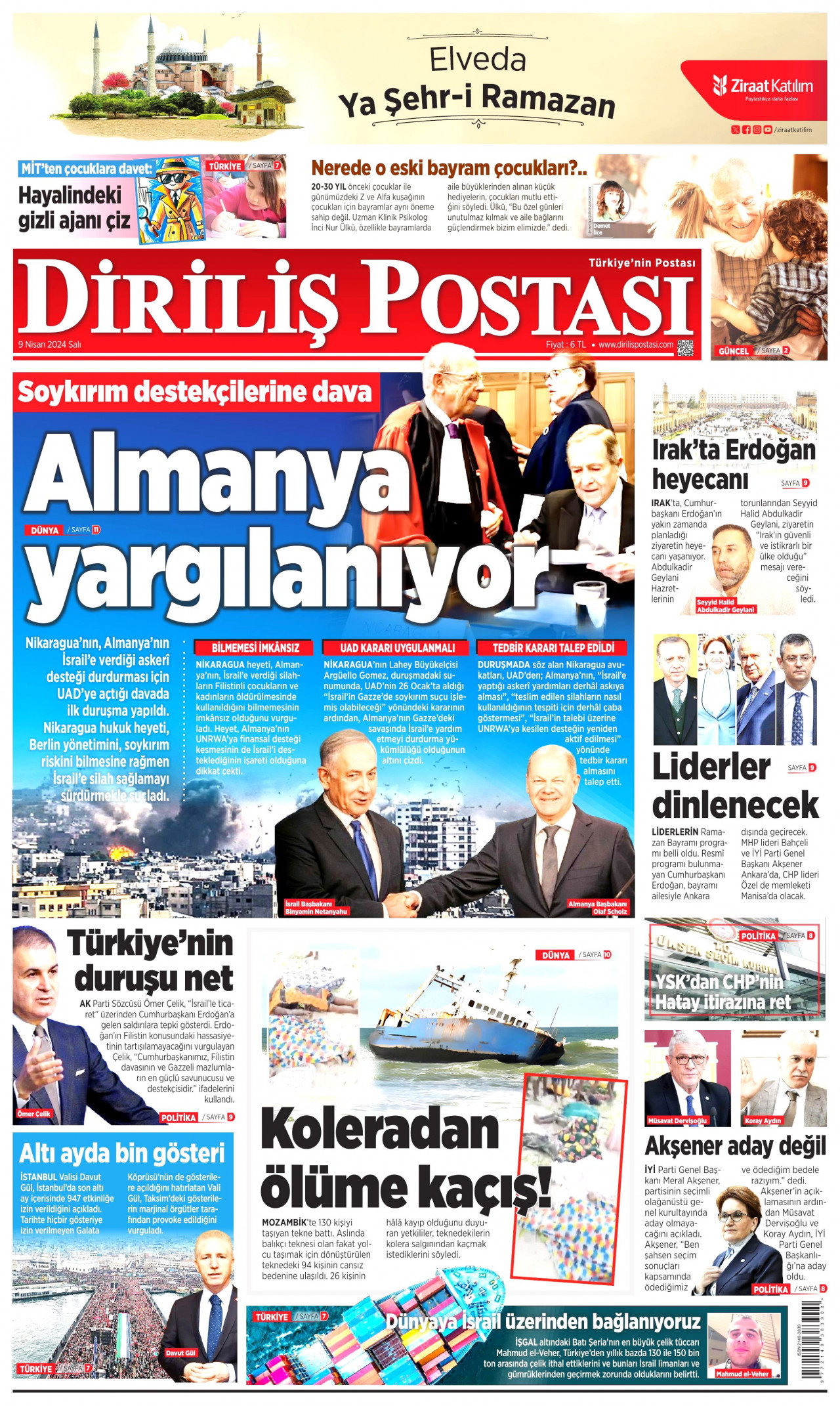 DİRİLİŞ POSTASI gazetesinin 9 Nisan 2024 tarihli birinci sayfası