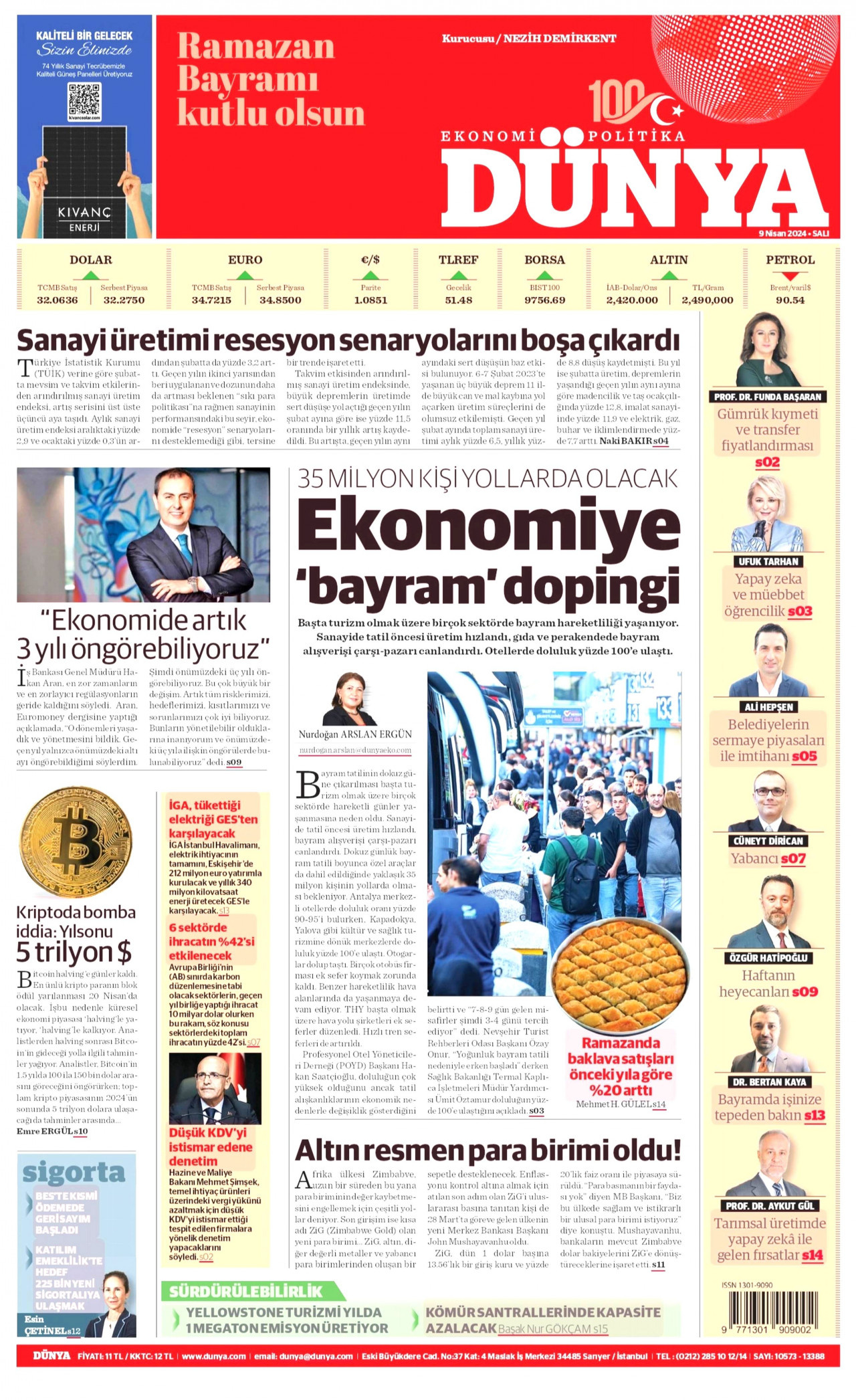 DÜNYA gazetesinin 9 Nisan 2024 tarihli birinci sayfası