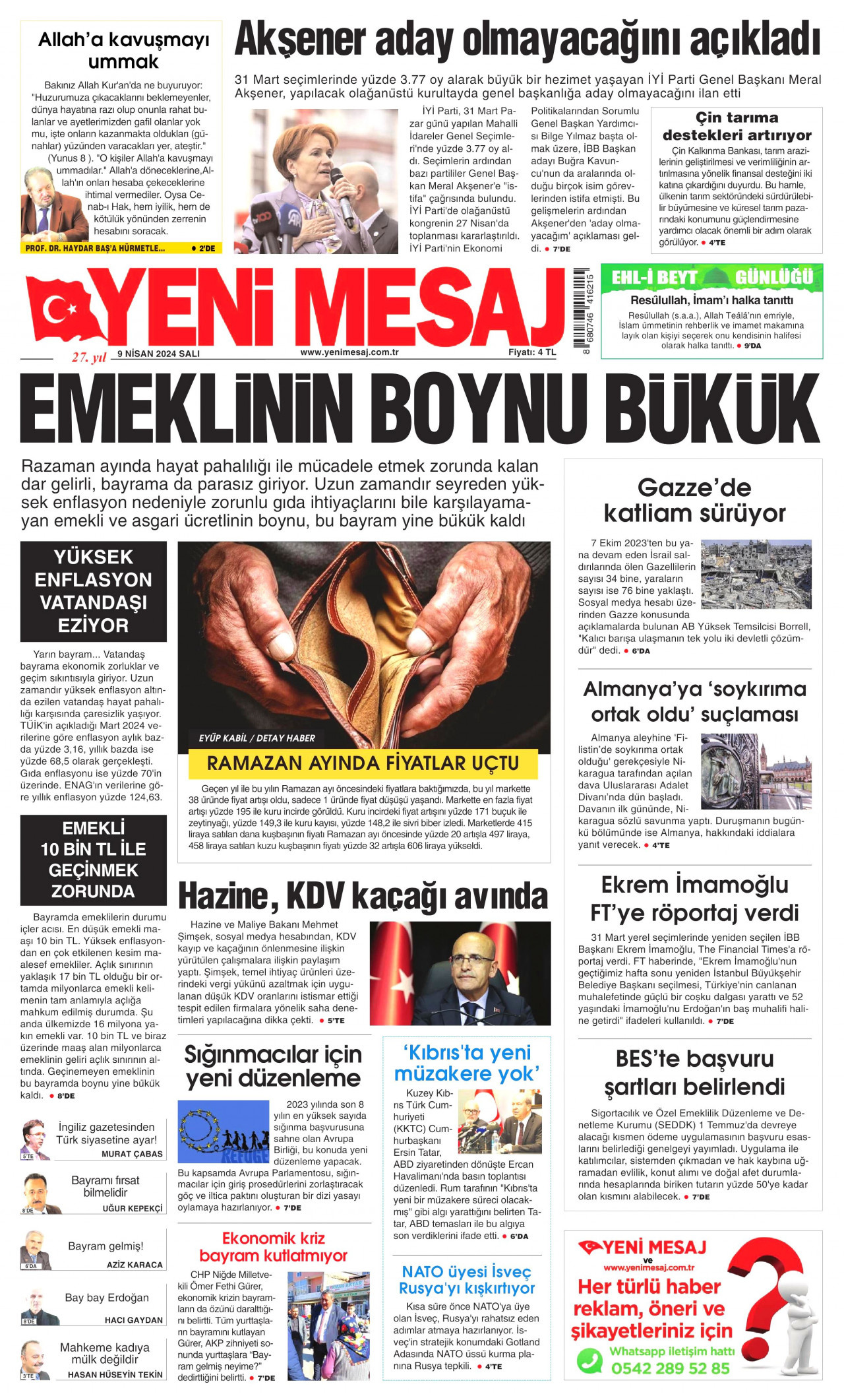YENİ MESAJ gazetesinin 9 Nisan 2024 tarihli birinci sayfası