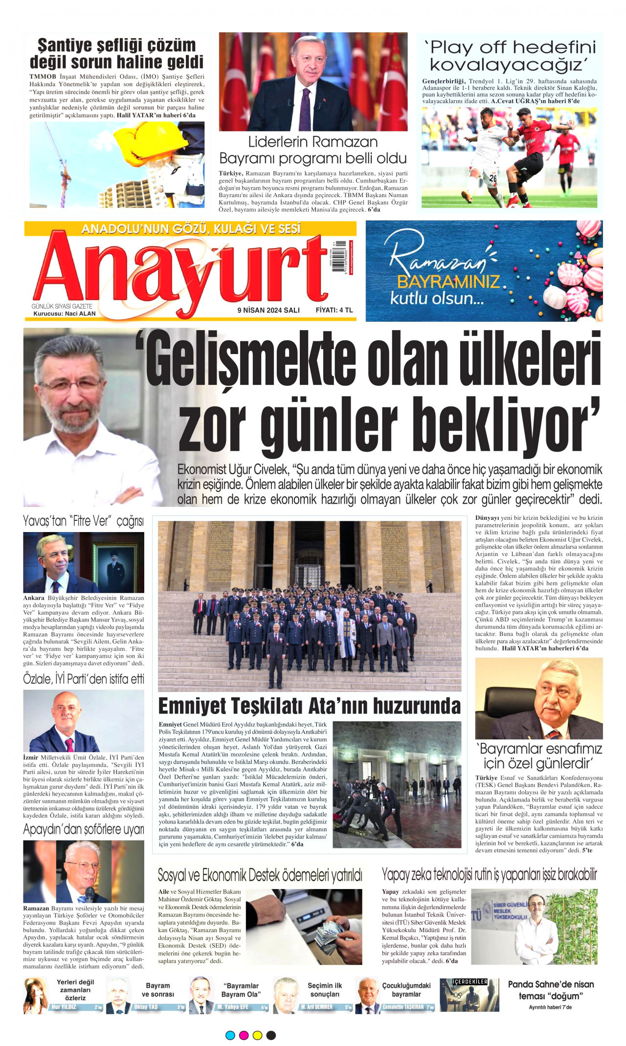 ANAYURT gazetesinin 9 Nisan 2024 tarihli birinci sayfası