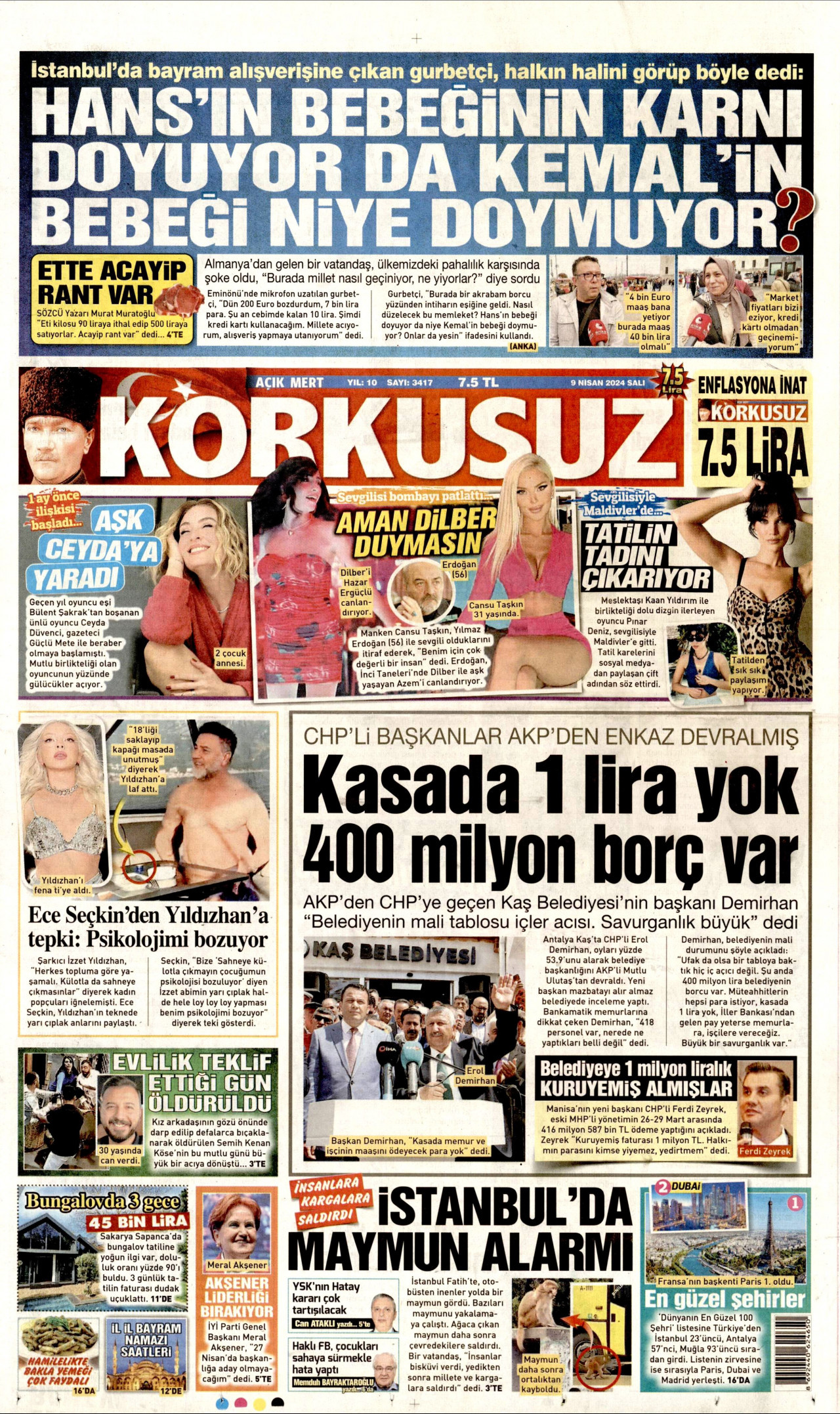 KORKUSUZ gazetesinin 9 Nisan 2024 tarihli birinci sayfası