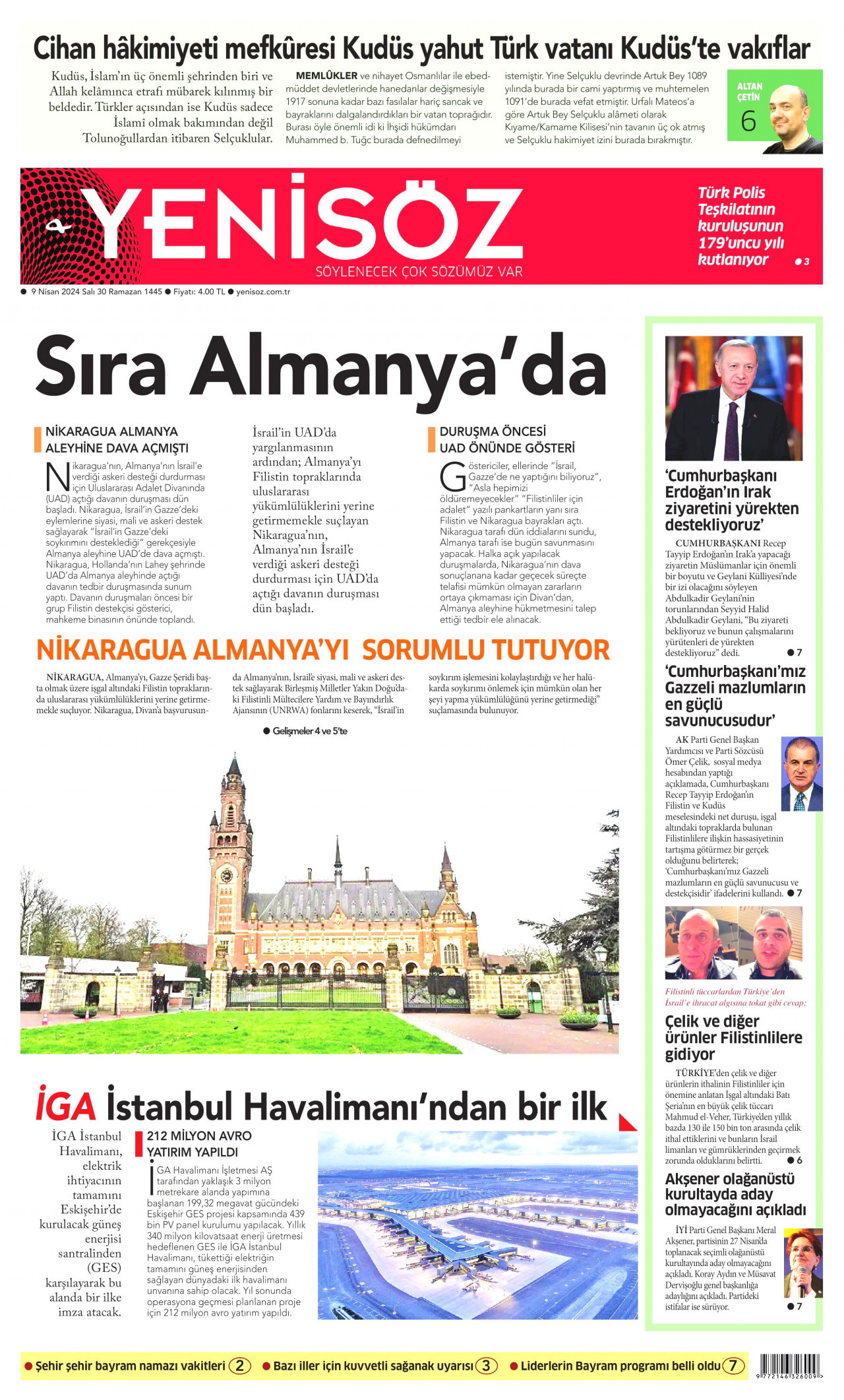 YENİ SÖZ GAZETESİ gazetesinin 9 Nisan 2024 tarihli birinci sayfası