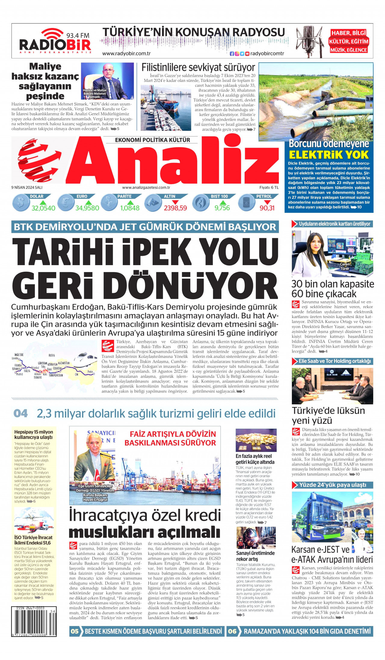 ANALİZ gazetesinin 9 Nisan 2024 tarihli birinci sayfası