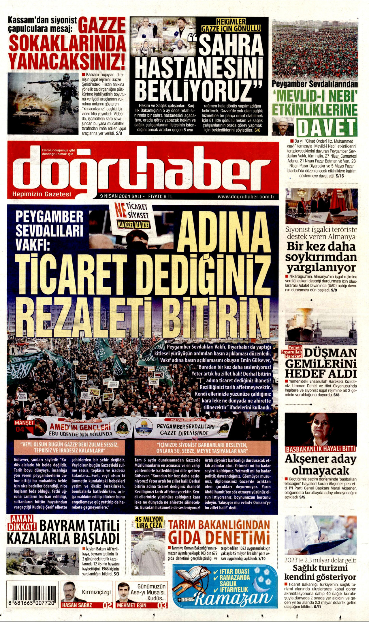 DOĞRU HABER gazetesinin 9 Nisan 2024 tarihli birinci sayfası