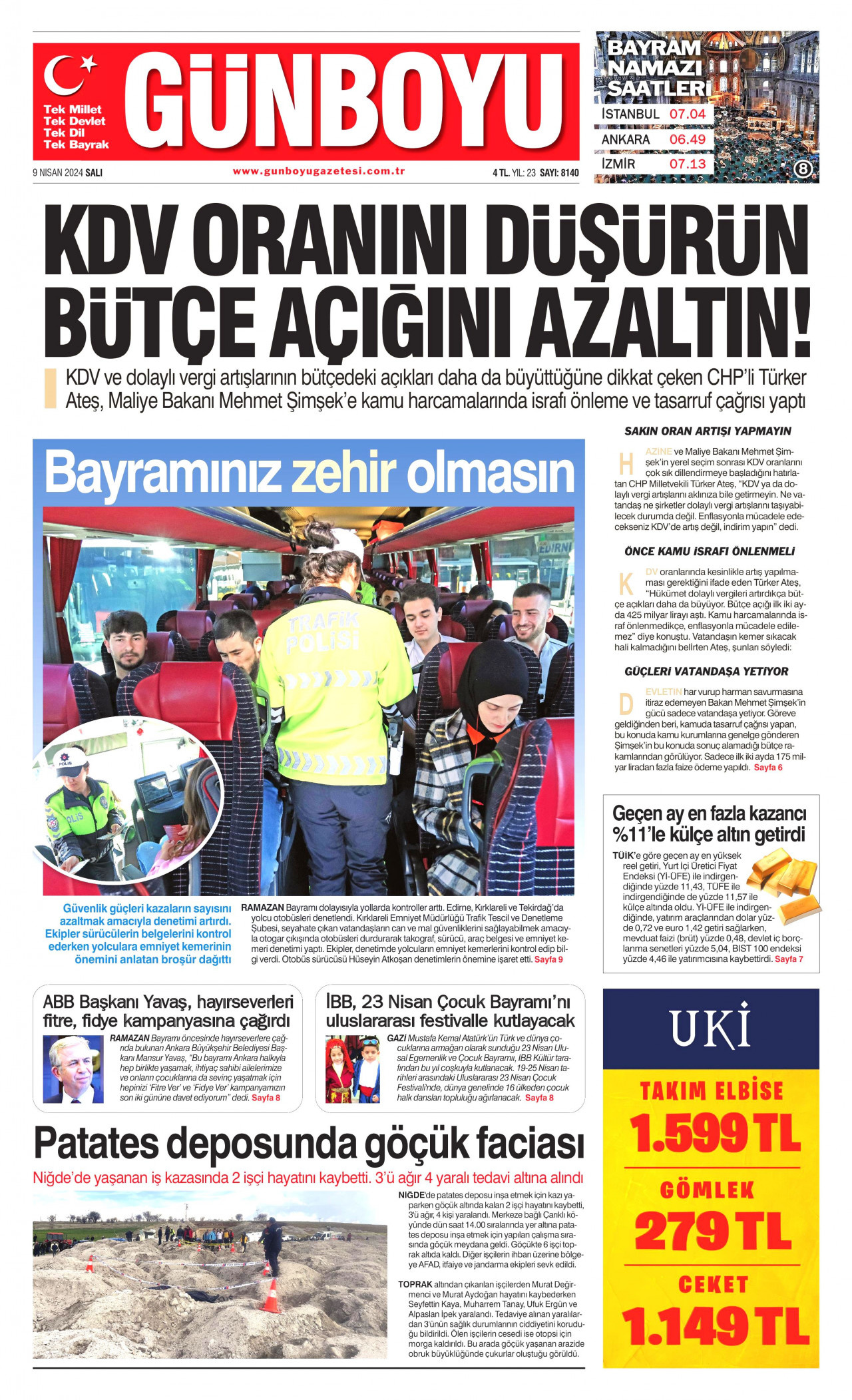 GÜNBOYU gazetesinin 9 Nisan 2024 tarihli birinci sayfası