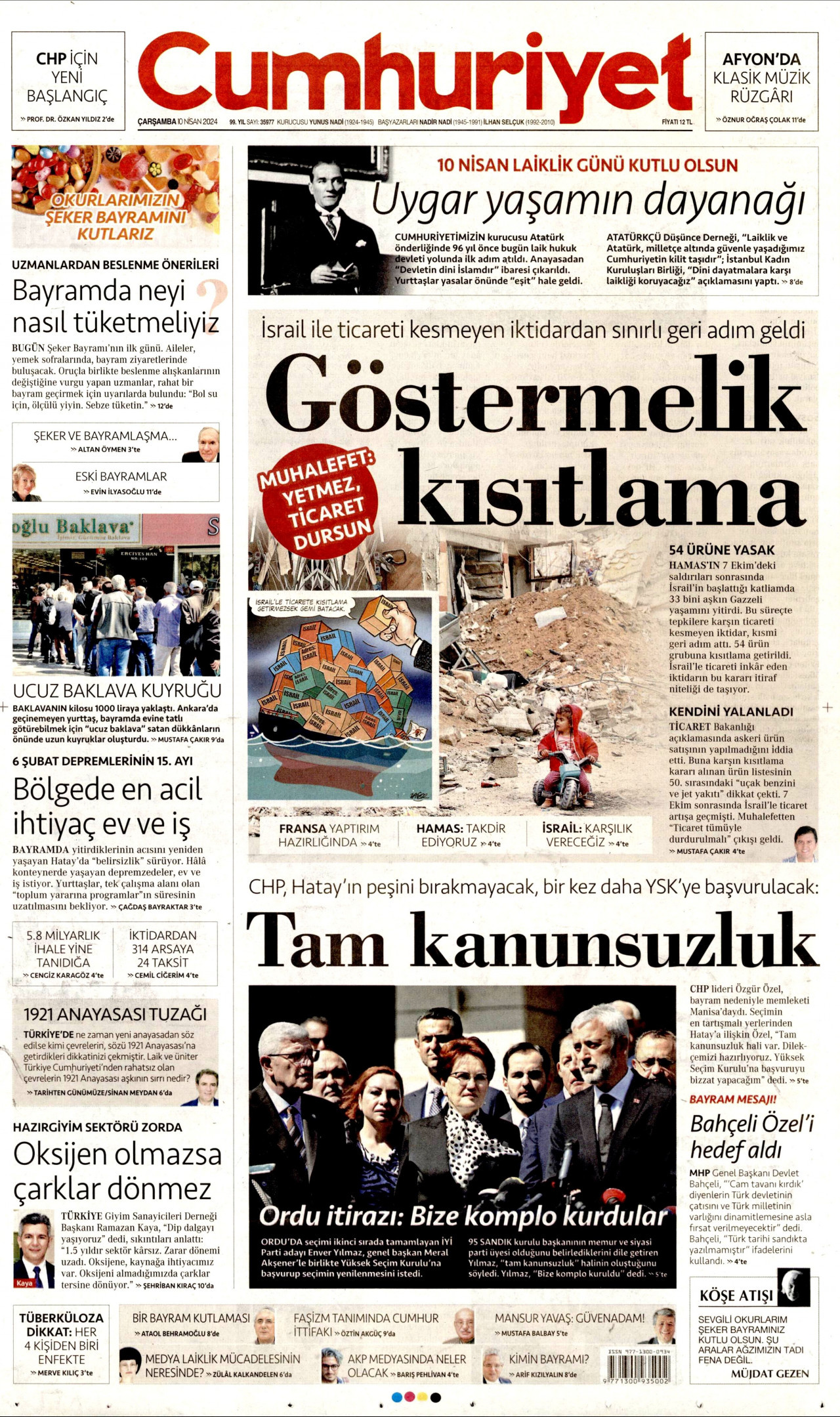 CUMHURİYET gazetesinin 10 Nisan 2024 tarihli birinci sayfası
