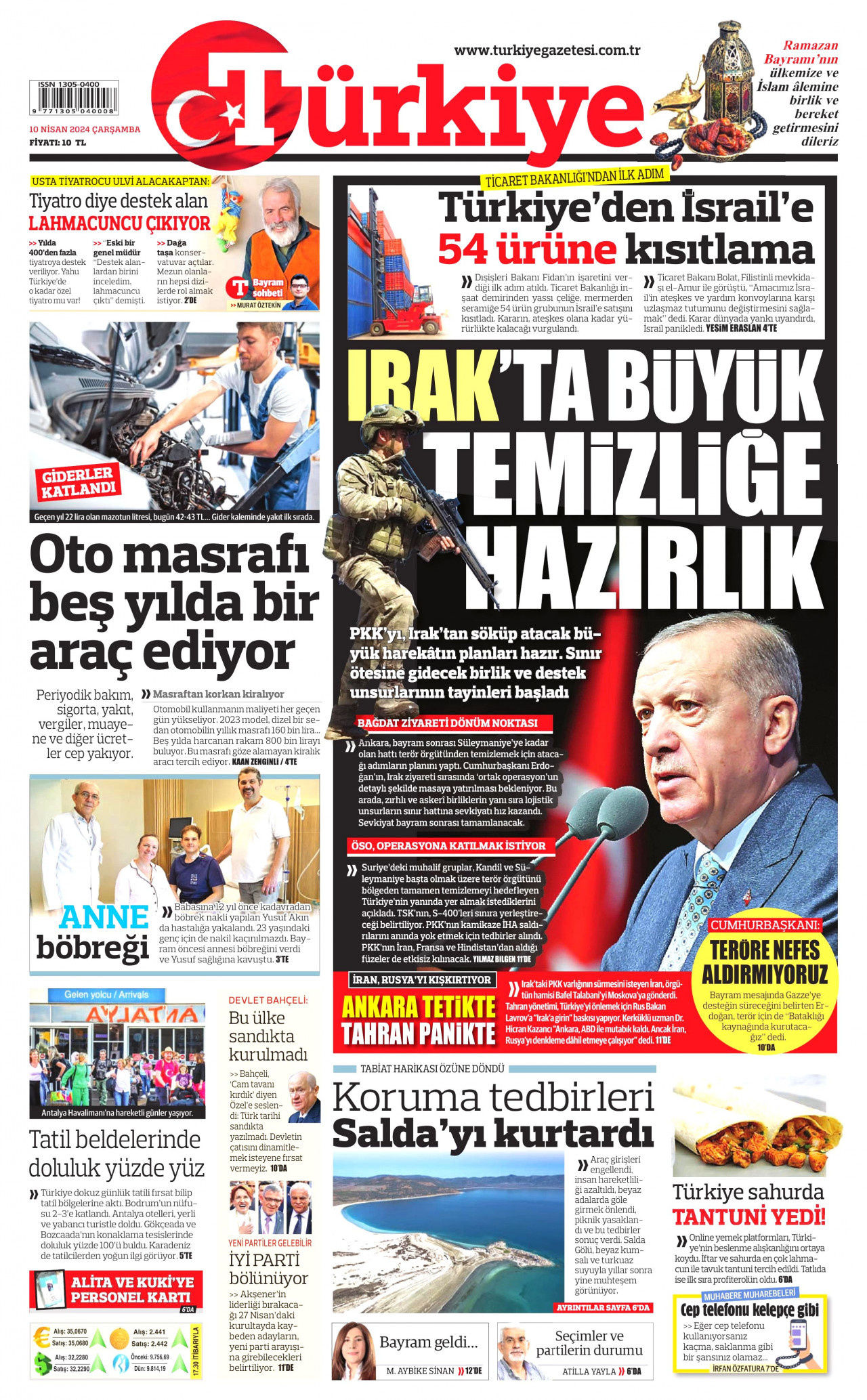 TÜRKİYE GAZETESİ gazetesinin 10 Nisan 2024 tarihli birinci sayfası