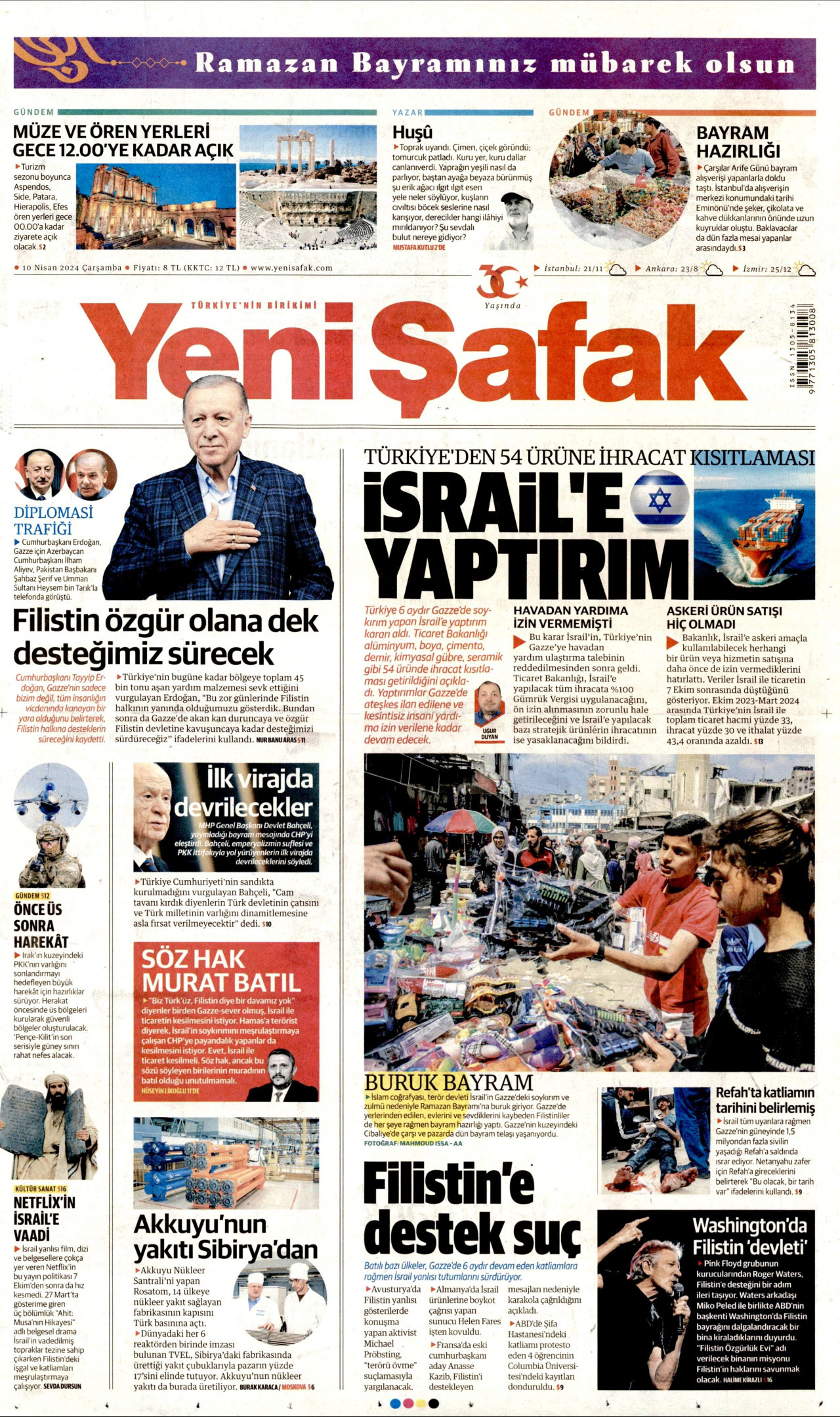 YENİ ŞAFAK gazetesinin 10 Nisan 2024 tarihli birinci sayfası
