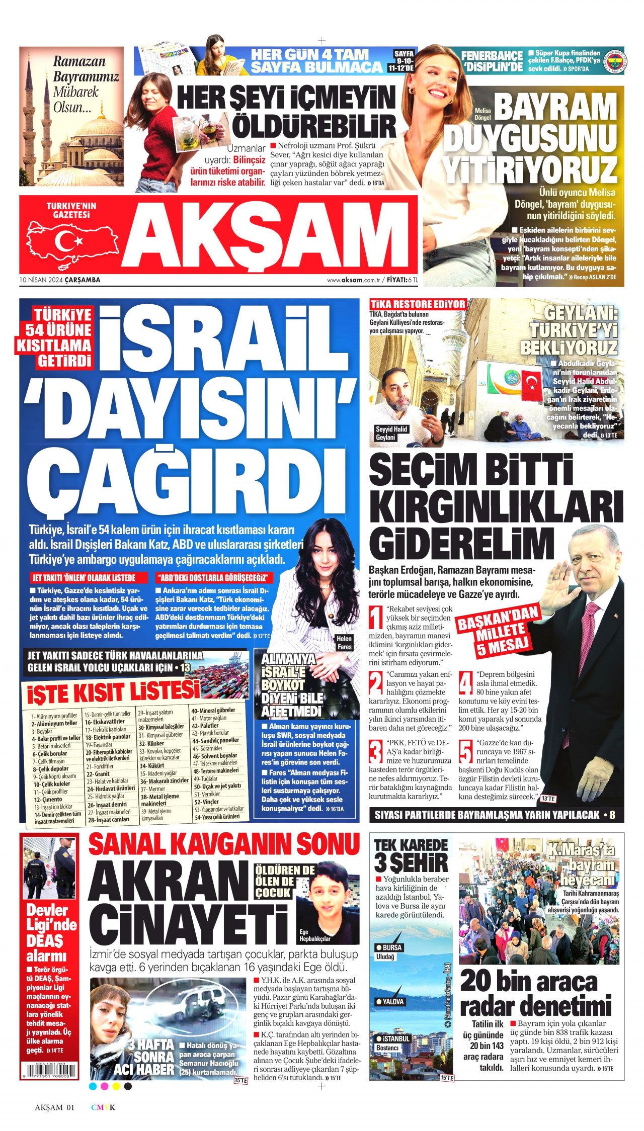 AKŞAM gazetesinin 10 Nisan 2024 tarihli birinci sayfası