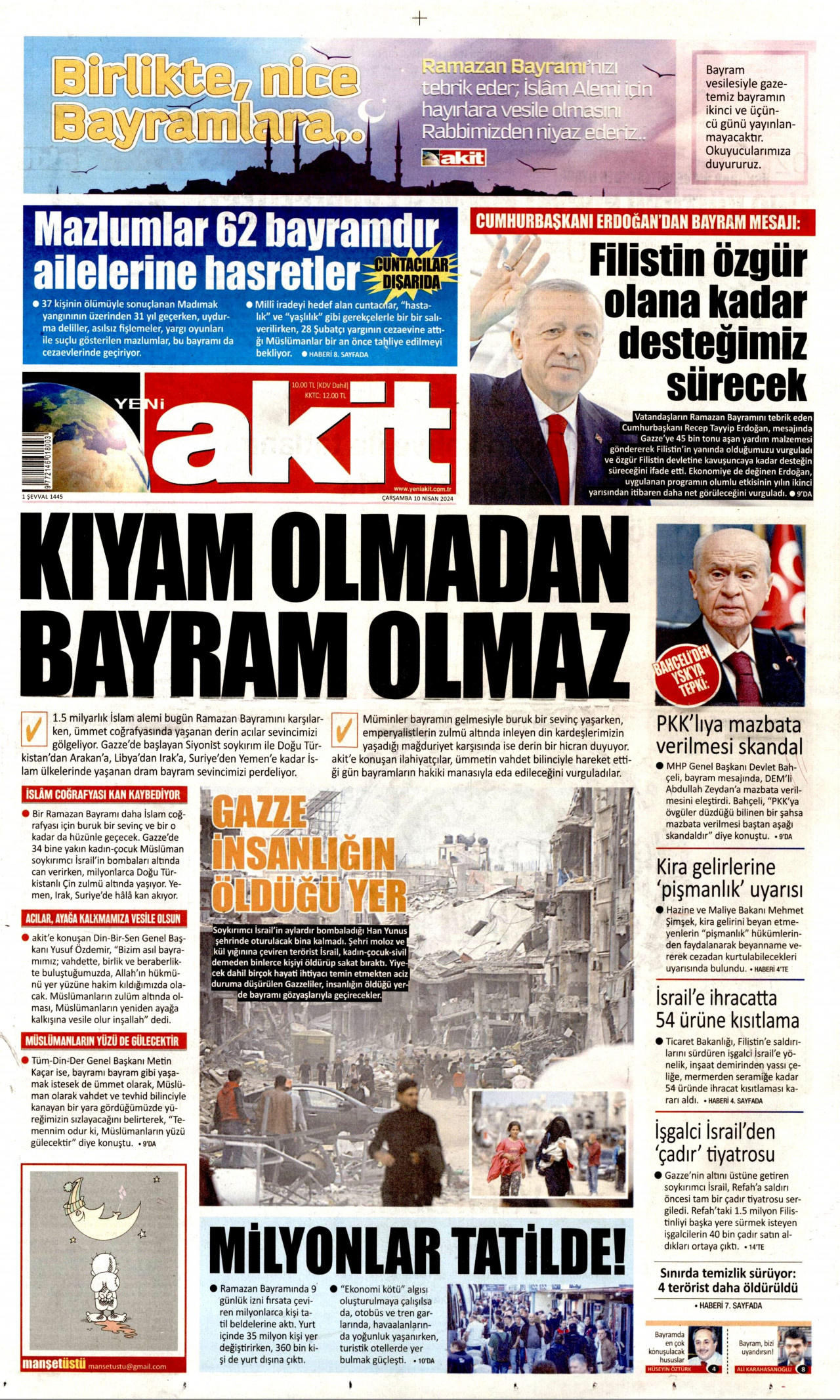 YENİ AKİT gazetesinin 10 Nisan 2024 tarihli birinci sayfası