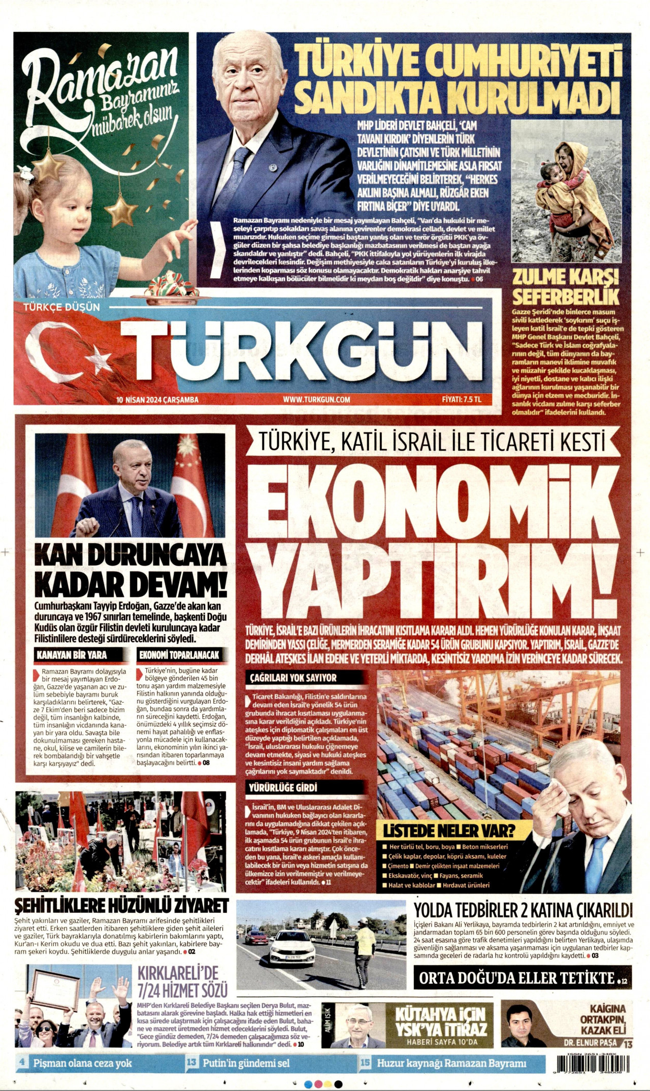 TÜRKGÜN gazetesinin 10 Nisan 2024 tarihli birinci sayfası