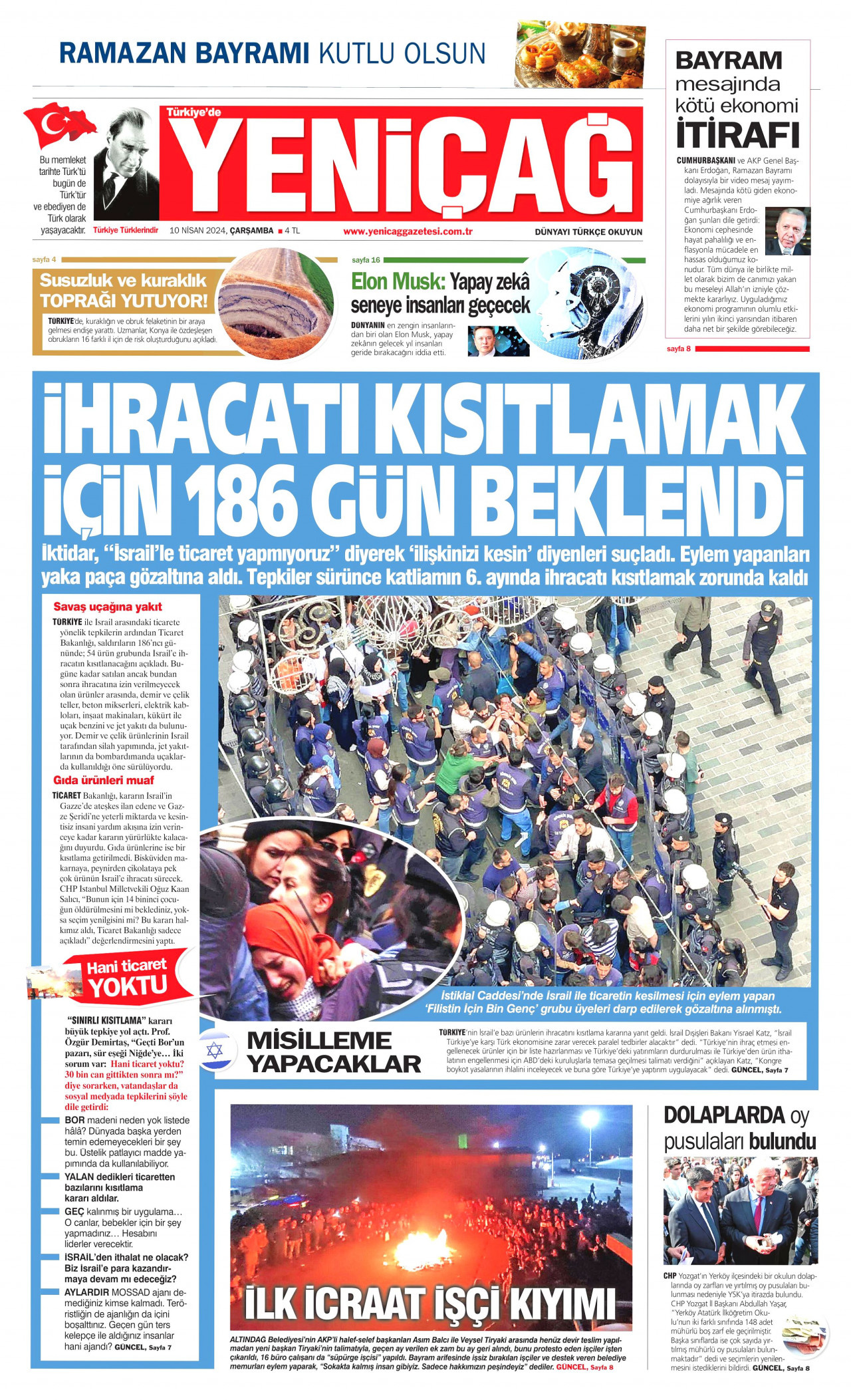 YENİÇAĞ gazetesinin 10 Nisan 2024 tarihli birinci sayfası